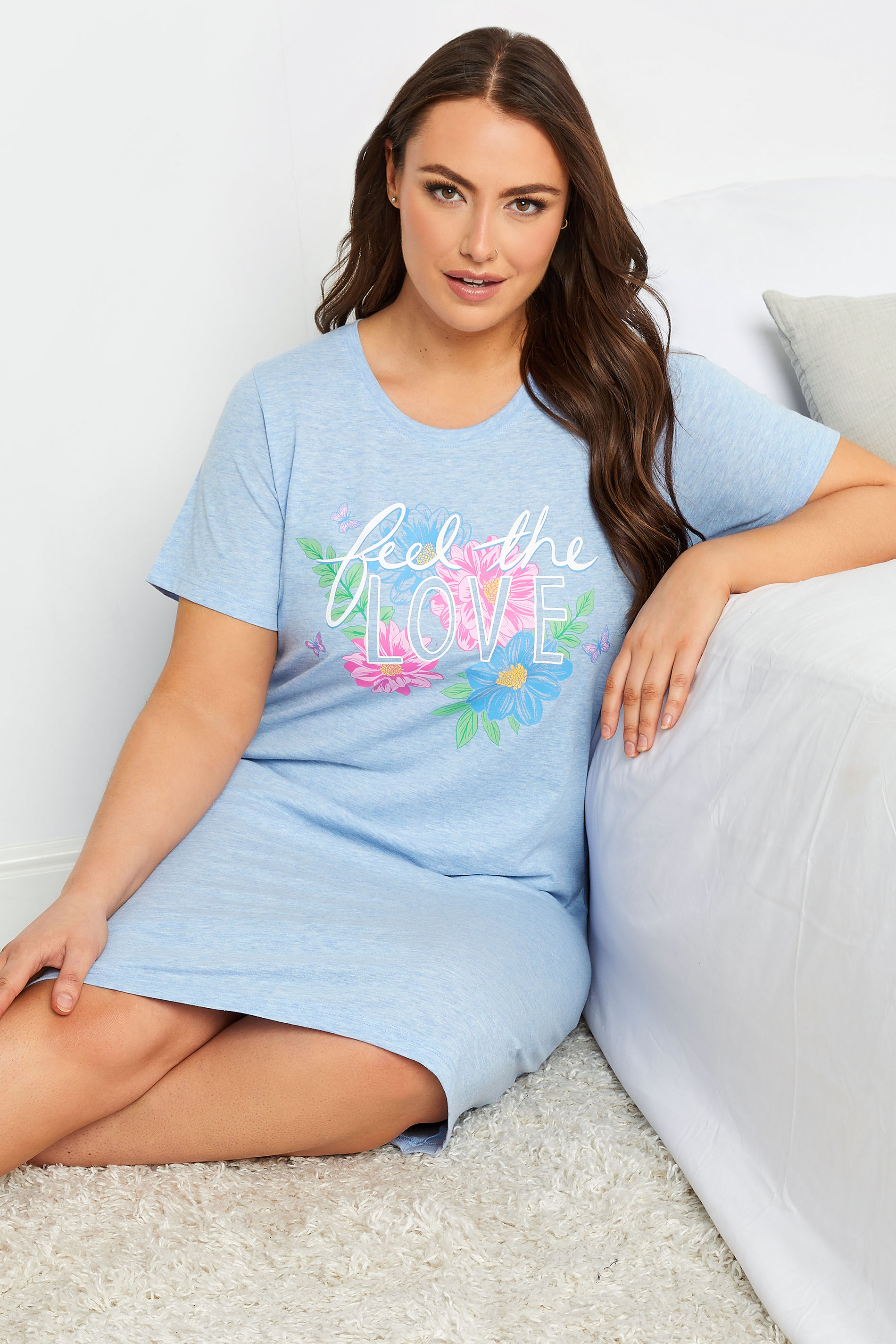 YOURS Plus Size Light Blue 'Feel The Love' Printed Nightdress | Yours Clothing 3