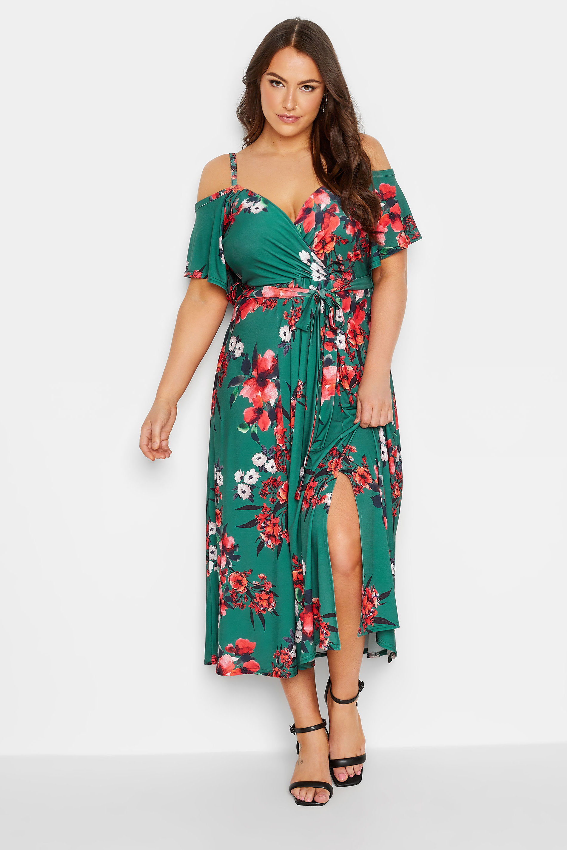 YOURS LONDON Plus Size Green Floral Cold Shoulder Wrap Dress | Yours Clothing 2