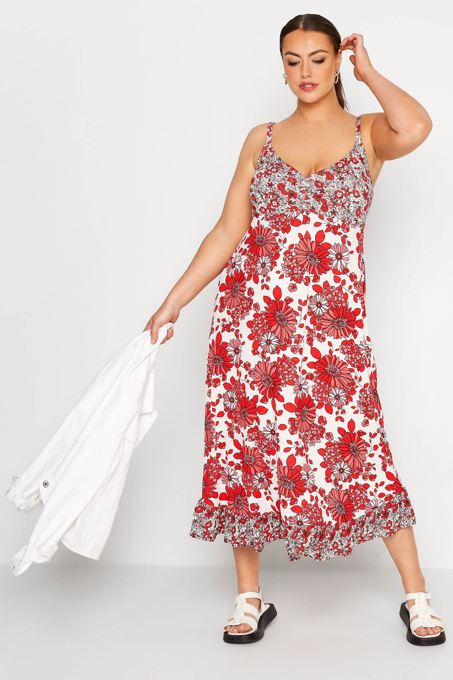 LIMITED COLLECTION Curve Red & White Floral Print Frill Midaxi Sundress 1