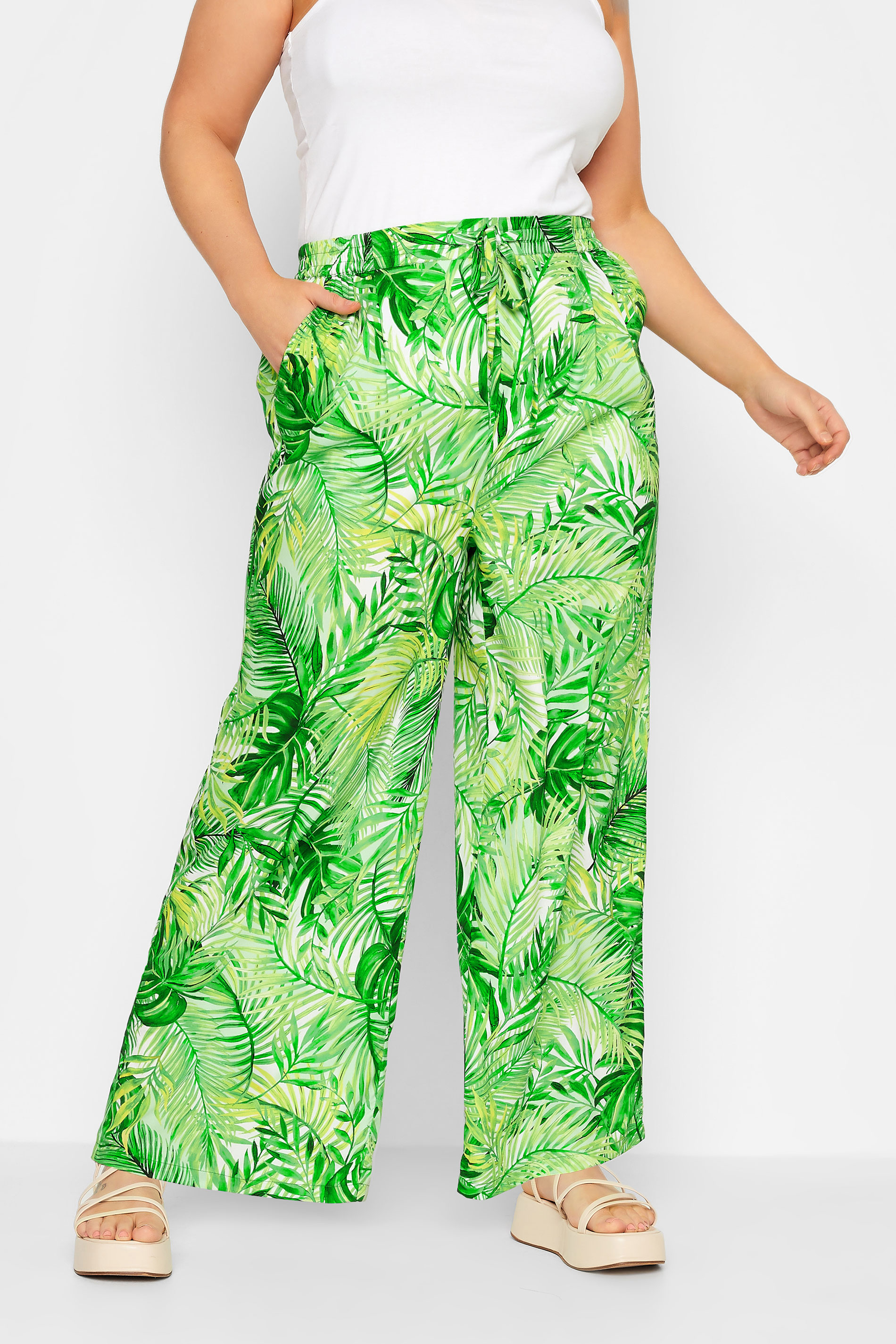 LIMITED COLLECTION Plus Size Green Leaf Print Wide Leg Trousers | Yours Clothing 1