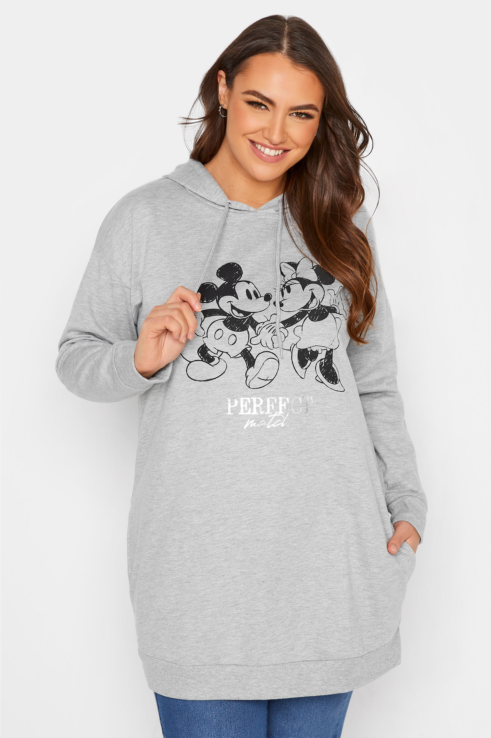 DISNEY Plus Size Grey Mickey & Minnie Mouse 'Perfect Match' Longline Hoodie | Yours Clothing 1