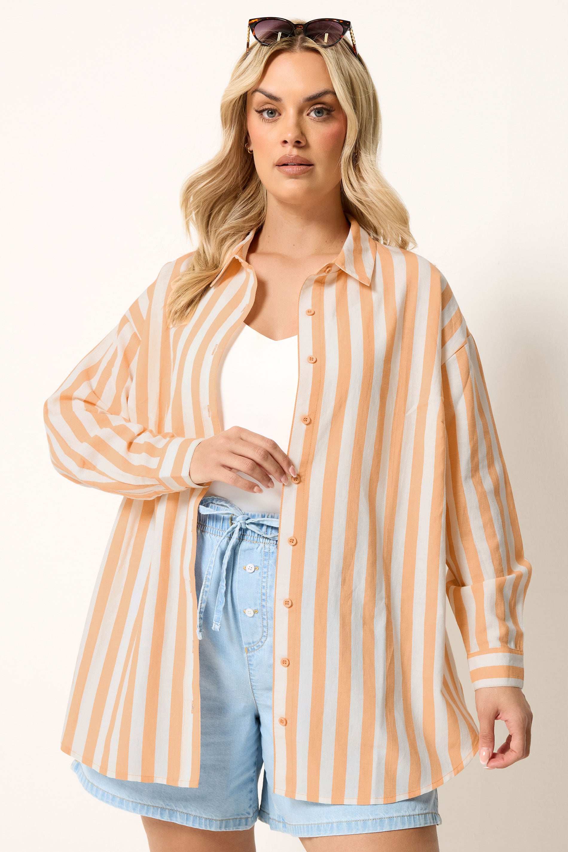 YOURS Plus Size Orange Stripe Linen Long Sleeve Shirt | Yours Clothing 1