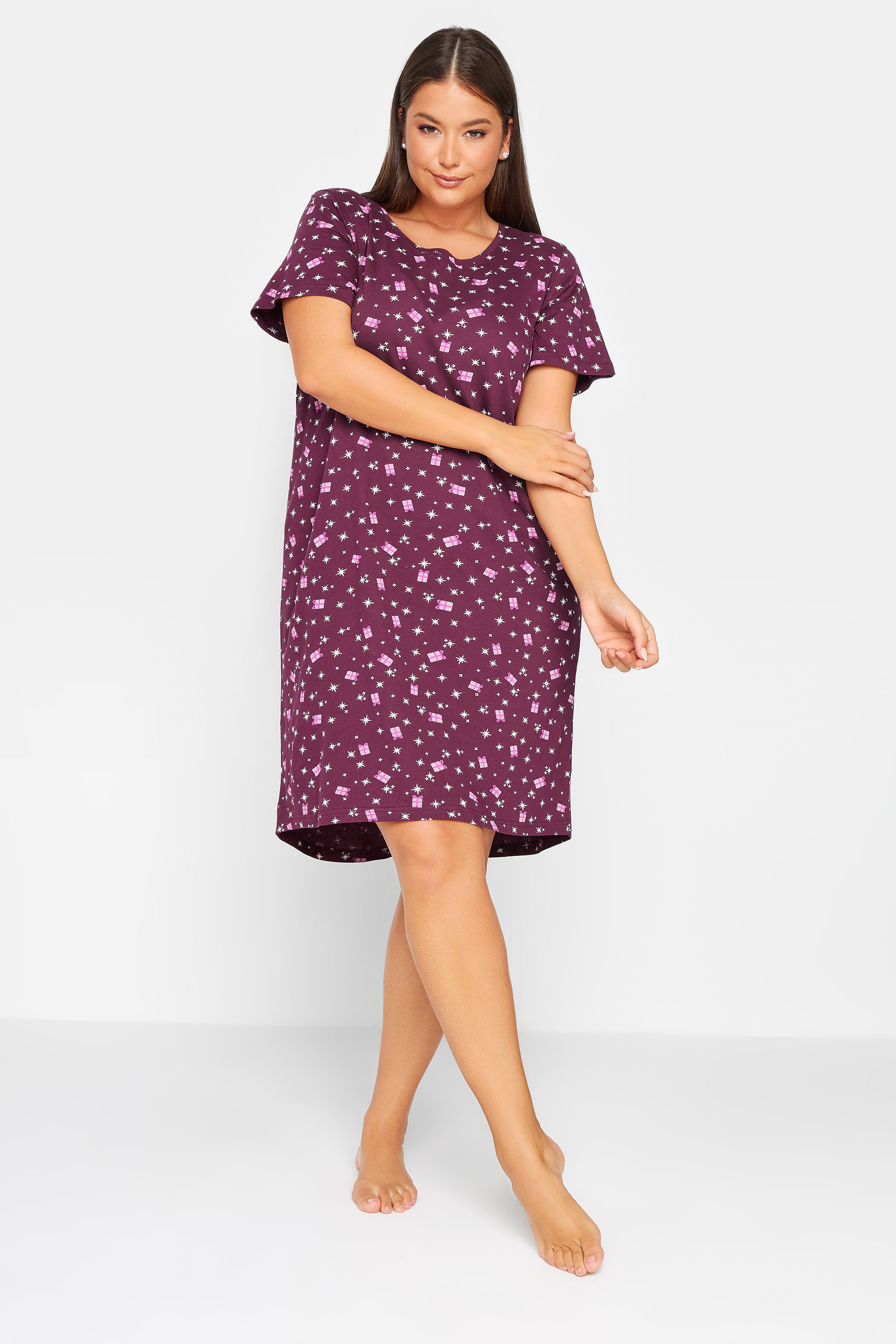 YOURS Curve Berry Red Red Star & Gift Print Christmas Nightdress | Yours Clothing 1