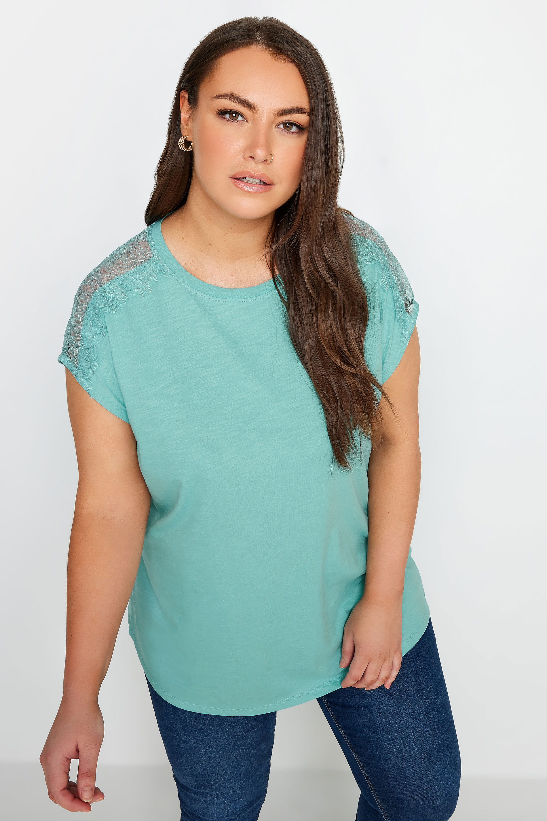 YOURS Plus Size Blue Lace Shoulder T-Shirt | Yours Clothing 1