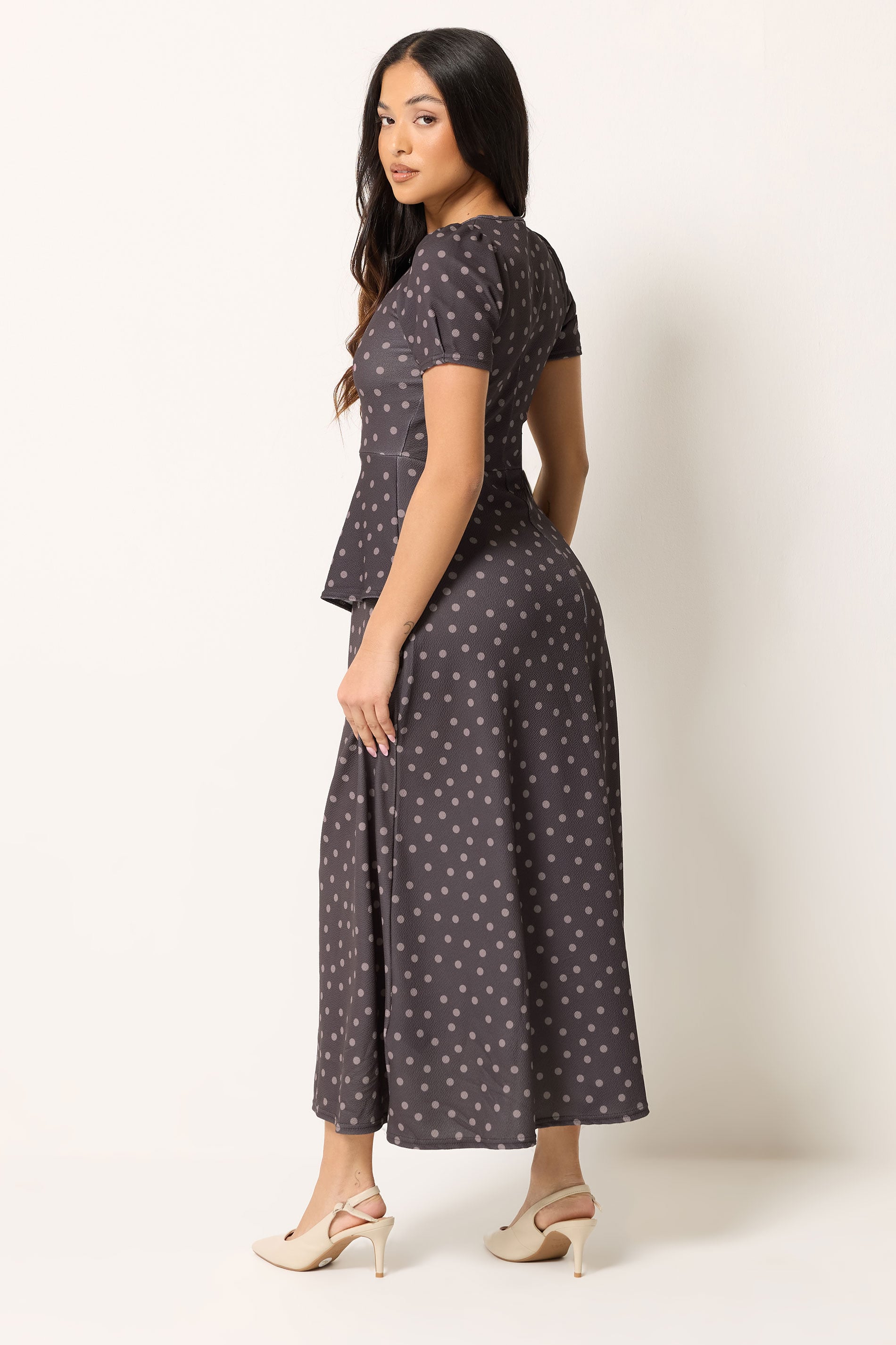 PixieGirl Petite Women's Chocolate Brown Polka Dot Maxi Dress | PixieGirl 2