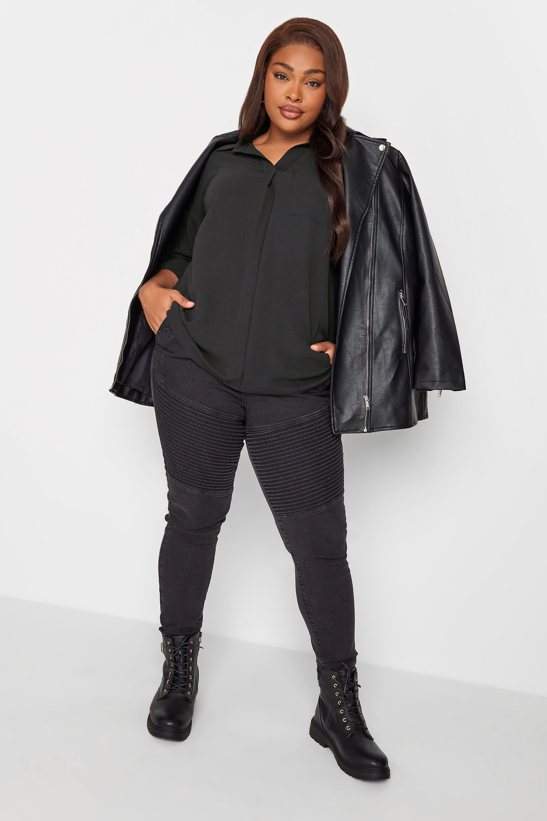 YOURS Plus Size Black Half Placket Collared Blouse | Yours Clothing 2