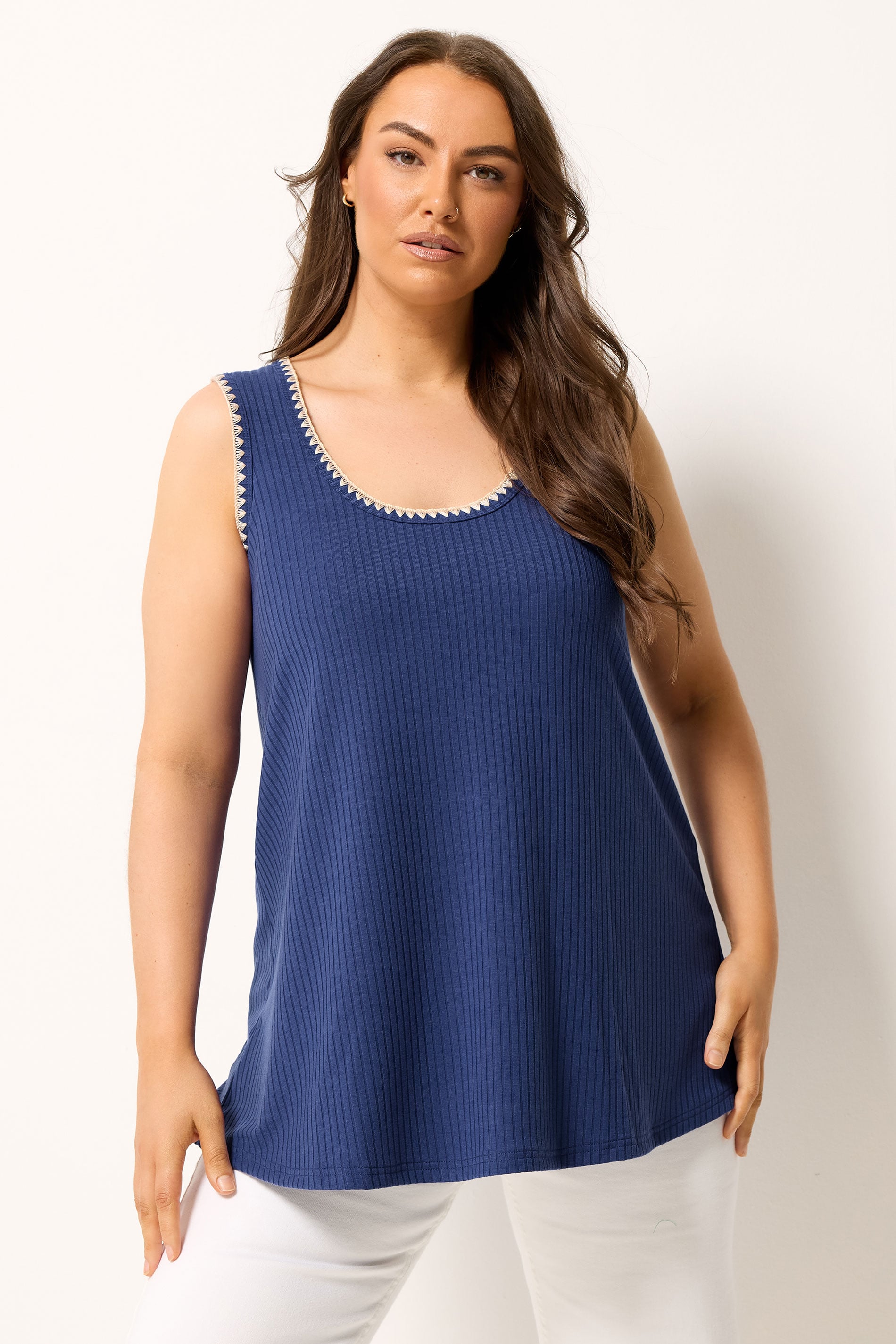 YOURS Plus Size Cobalt Blue Contrast Blanket Stitch Ribbed Vest Top | Yours Clothing 3