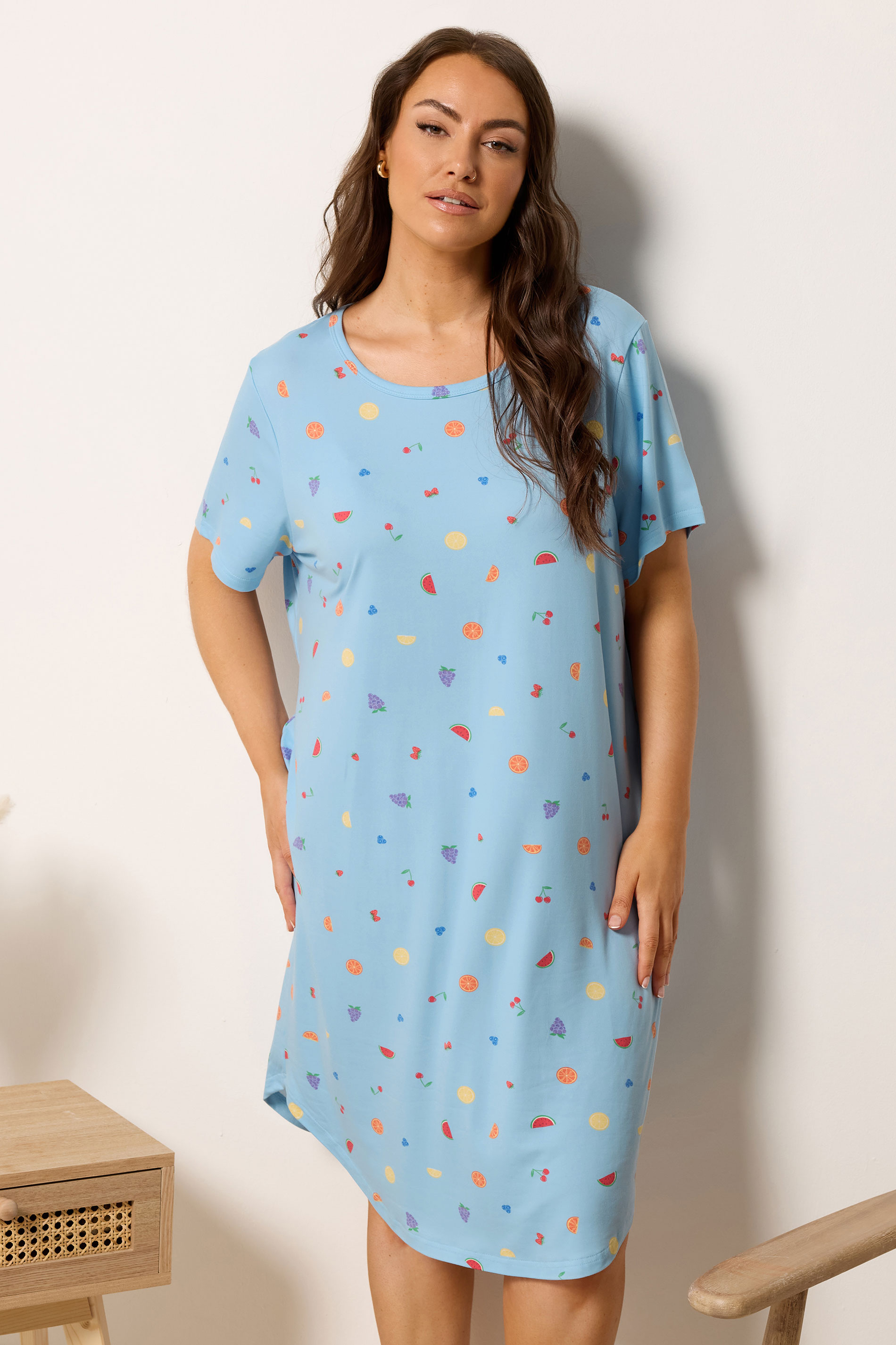 YOURS Plus Size Blue Fruit Print Soft Touch Nightdress | Yours Clothing 3