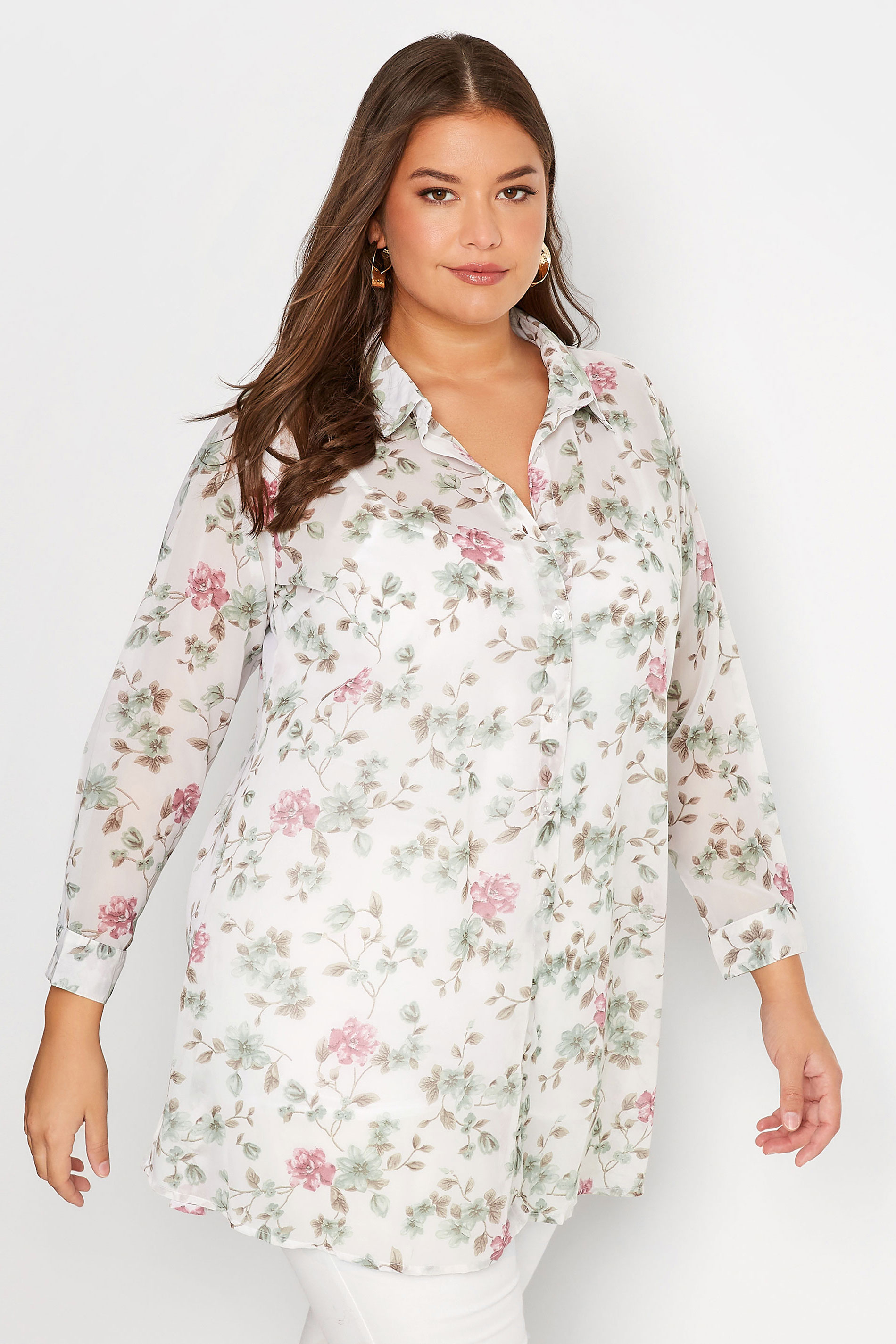 Plus Size White Floral Button Through Shirt | Yours Clothing 1