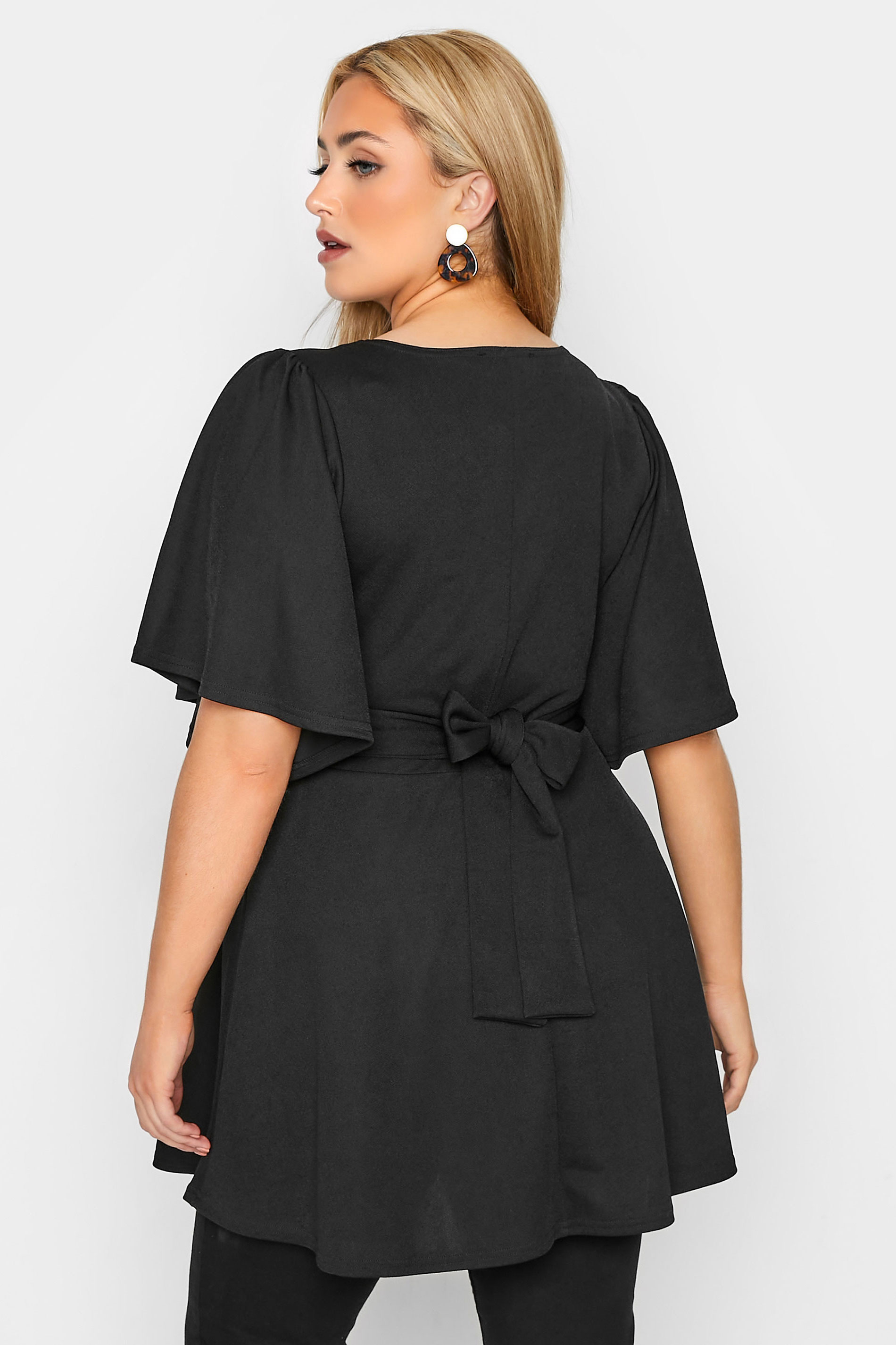 YOURS LONDON Plus Size Black Angel Sleeve Knot Front Top | Yours Clothing 3