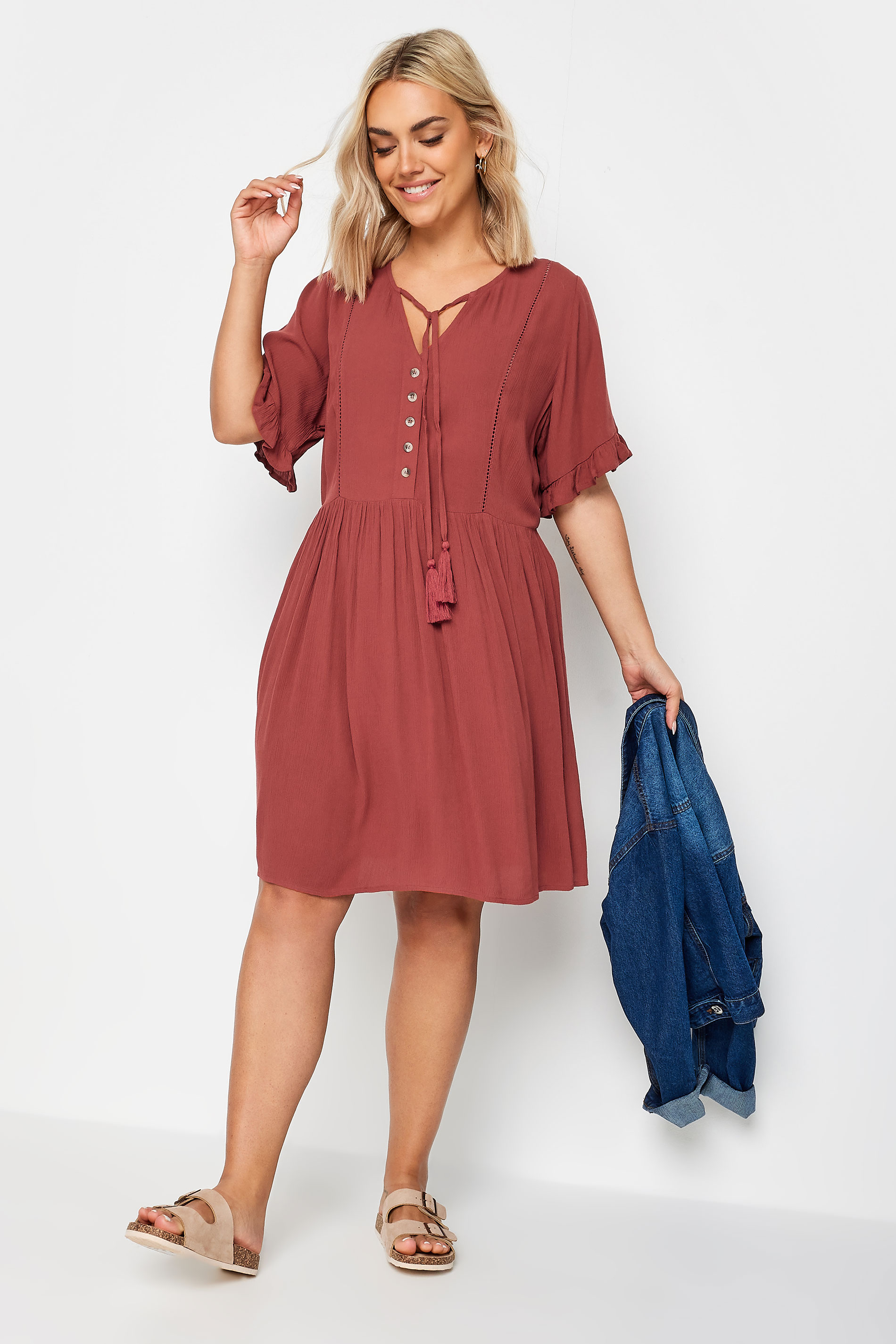 YOURS Plus Size Red Crinkle Tie Neck Dress | Yours Clothing 2