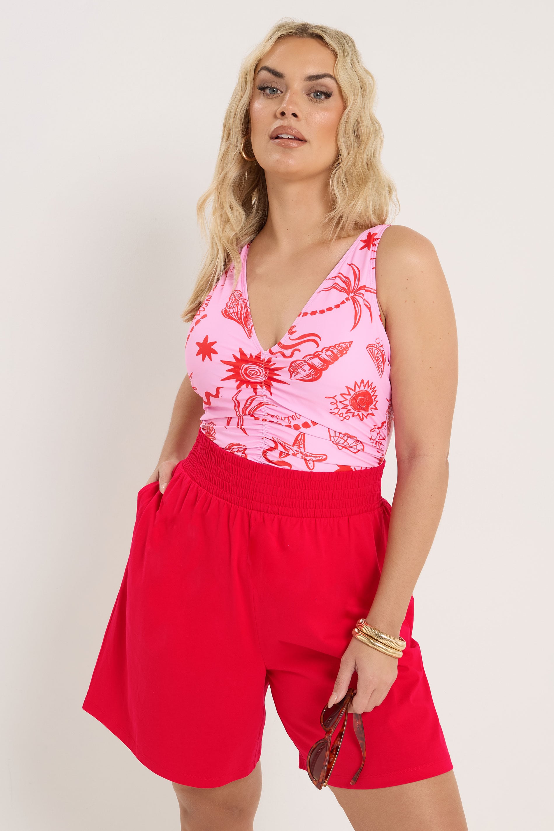 YOURS Plus Size Red Shirred Shorts | Yours Clothing 1