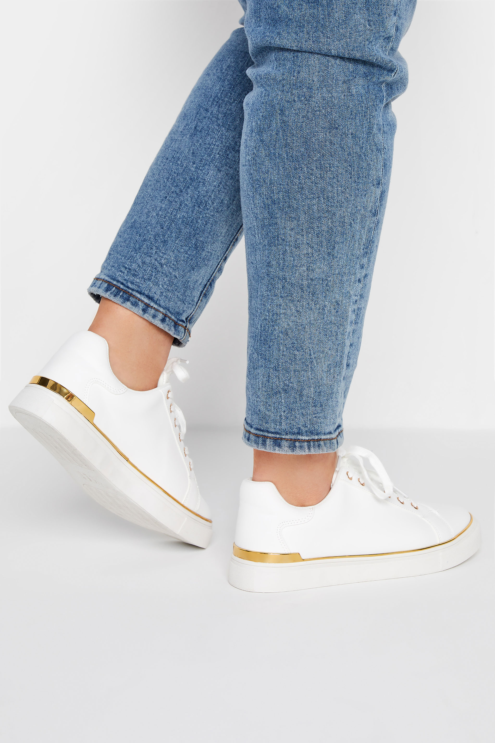 Plus Size White & Gold Hardware Trainers In Extra Wide Fit | Yours Clothing 1