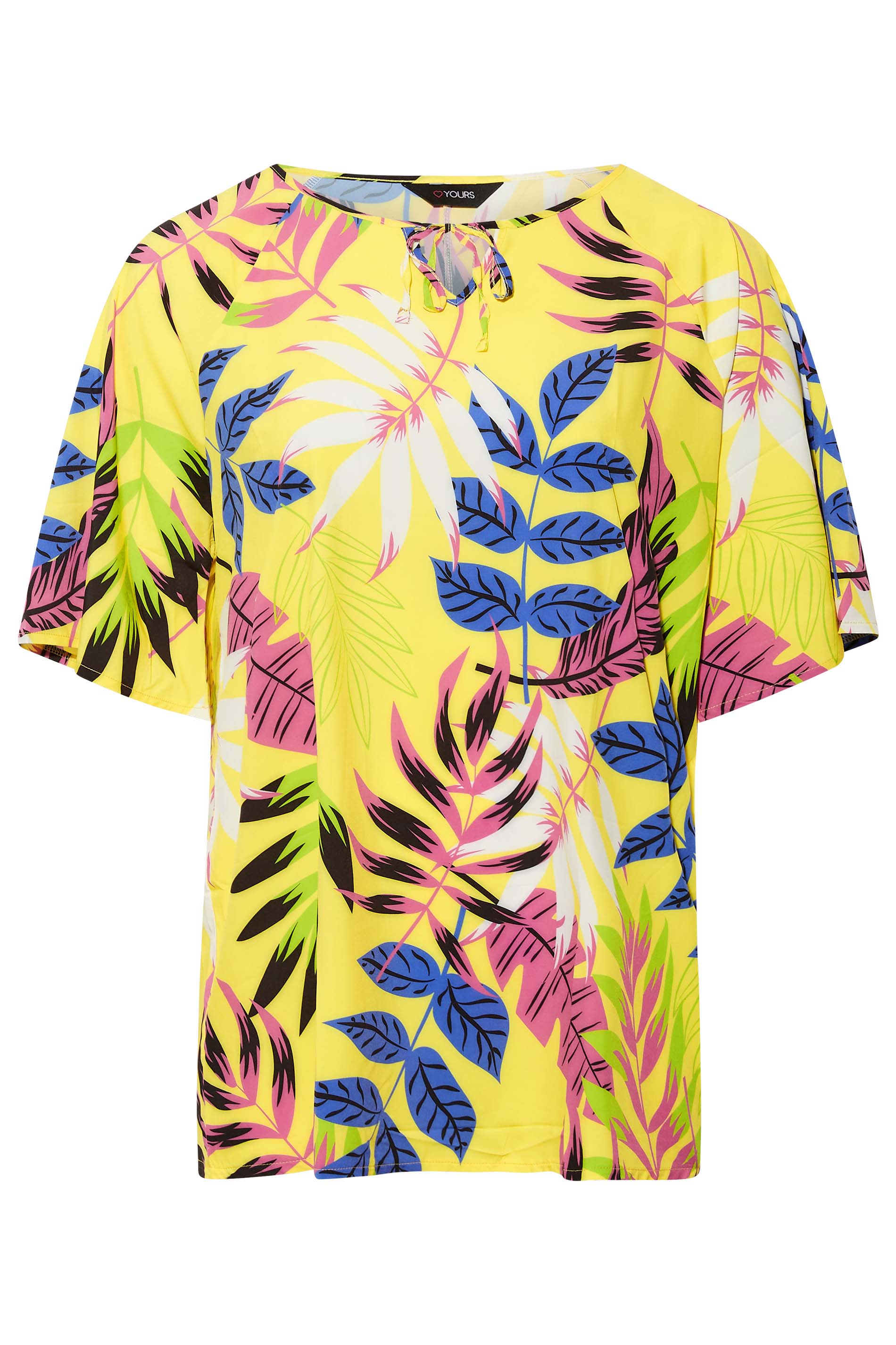 Plus Size Yelllow Tropical Print Tie Neck Top | Yours Clothing