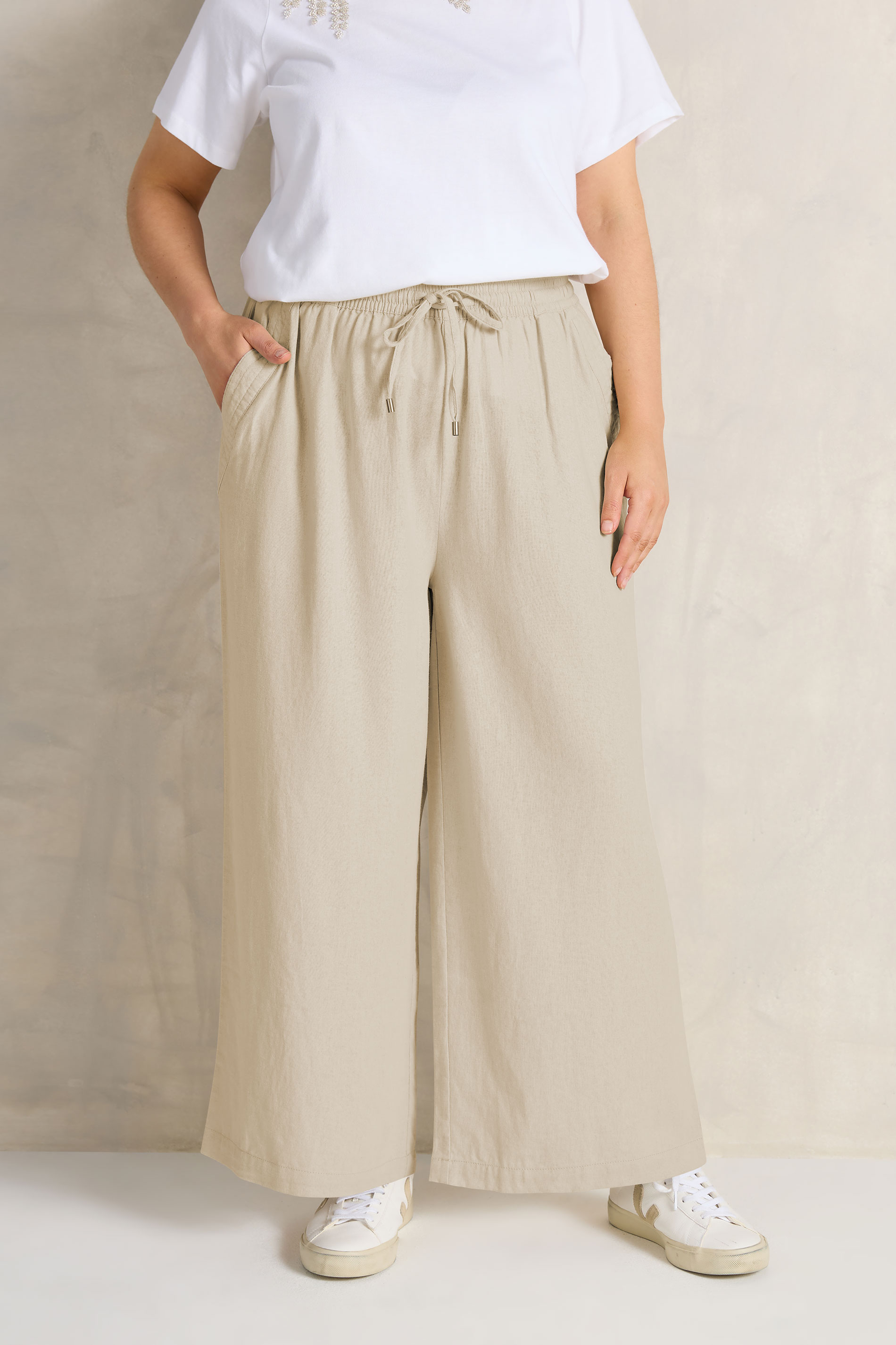 EVANS Plus Size Natural Brown Wide Leg Premium Linen Trousers | Evans 3