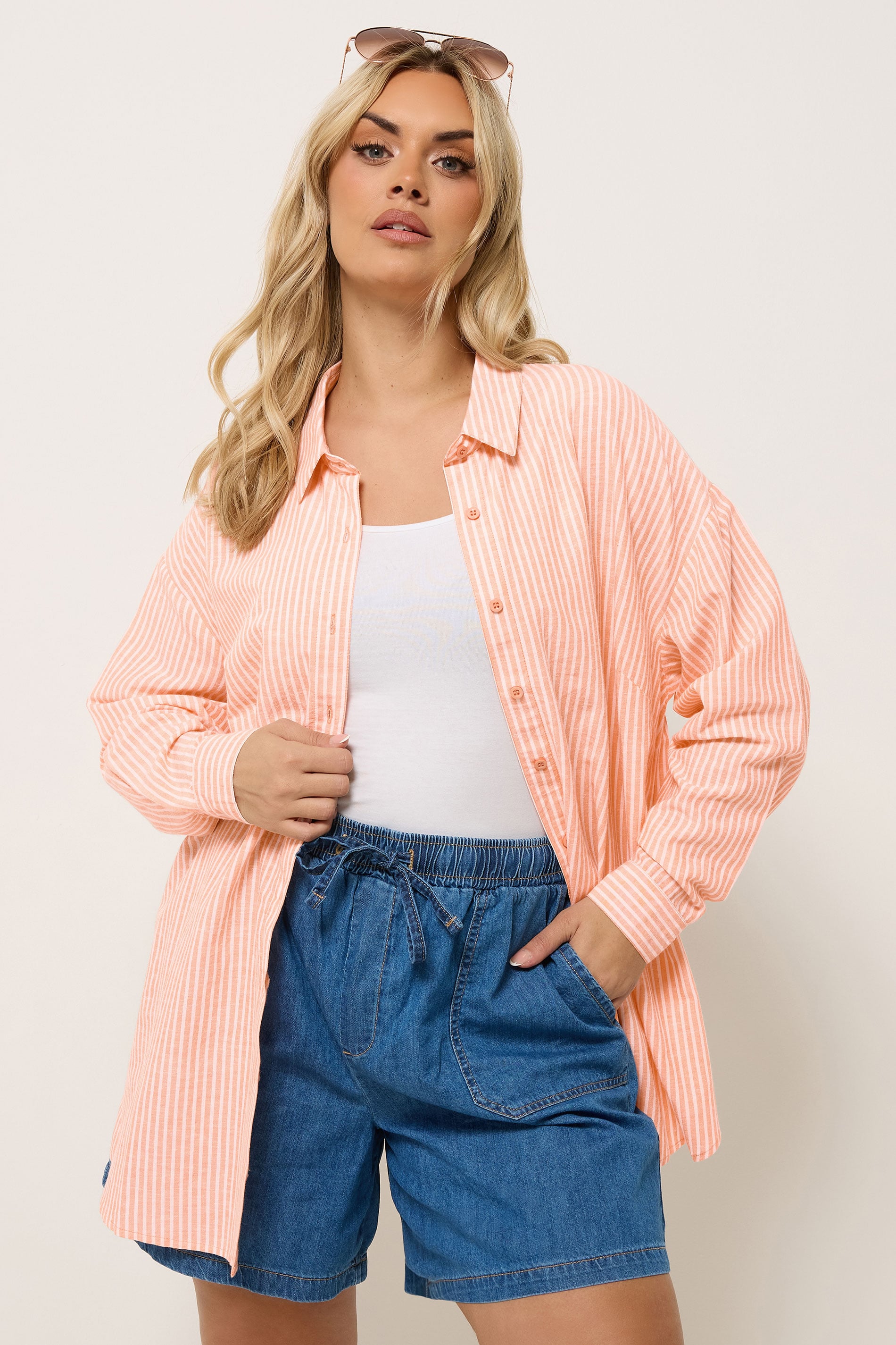 YOURS Plus Size Orange Stripe Linen Shirt | Yours Clothing 1