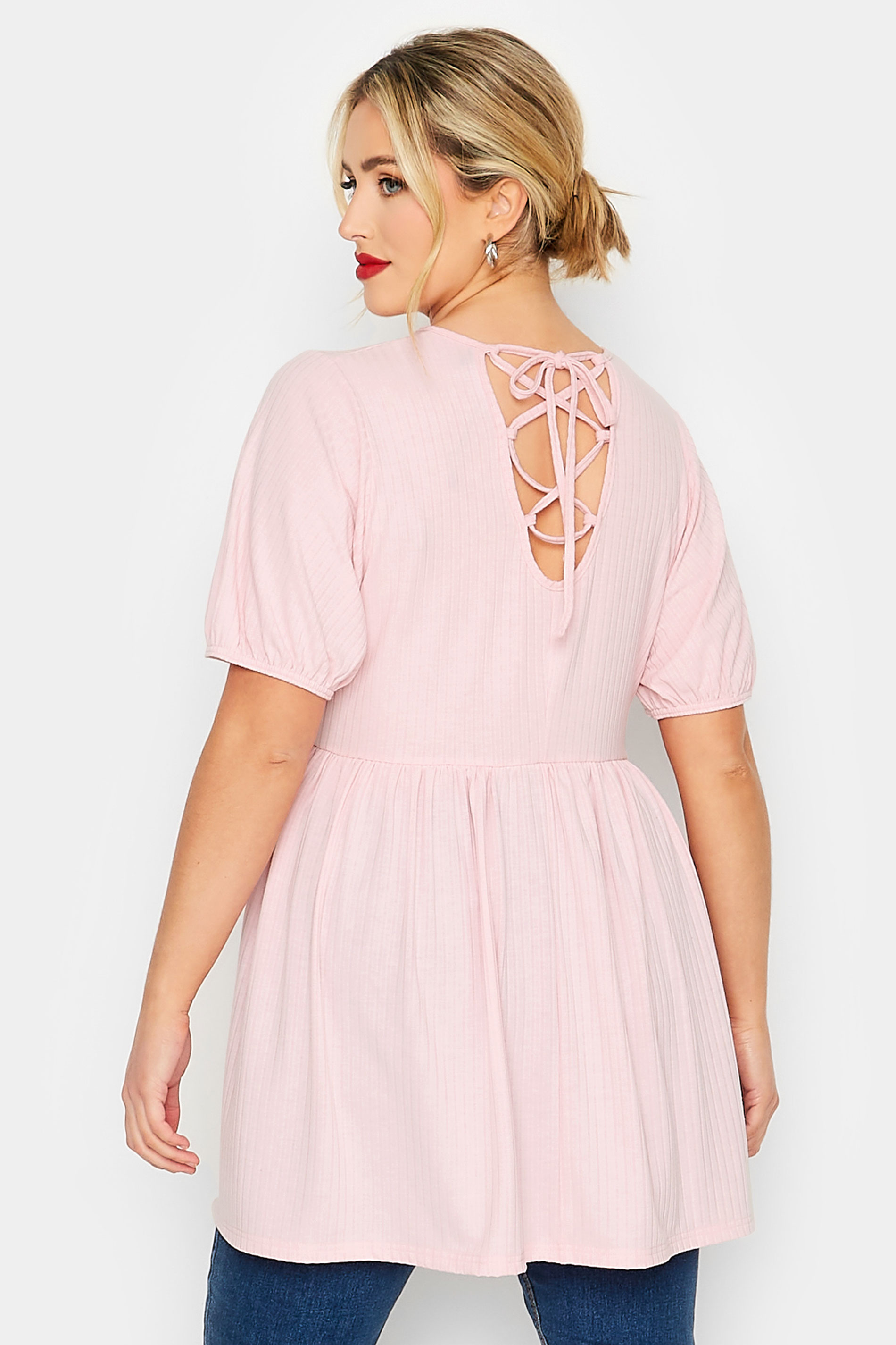 LIMITED COLLECTION Plus Size Blush Pink Tie Back Peplum Top | Yours Clothing 1