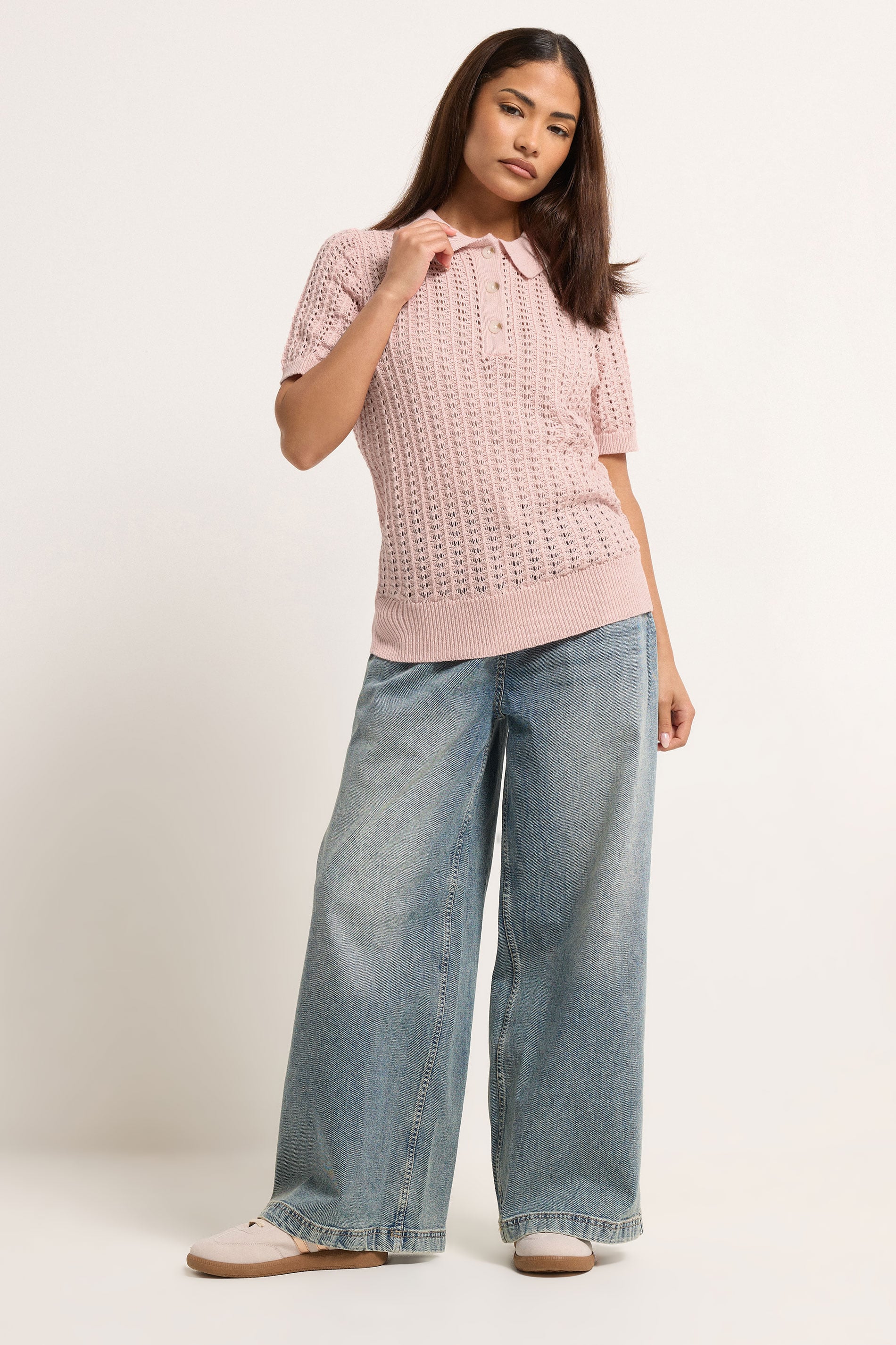 PixieGirl Petite Women's Pink Crochet Polo Top | PixieGirl 2