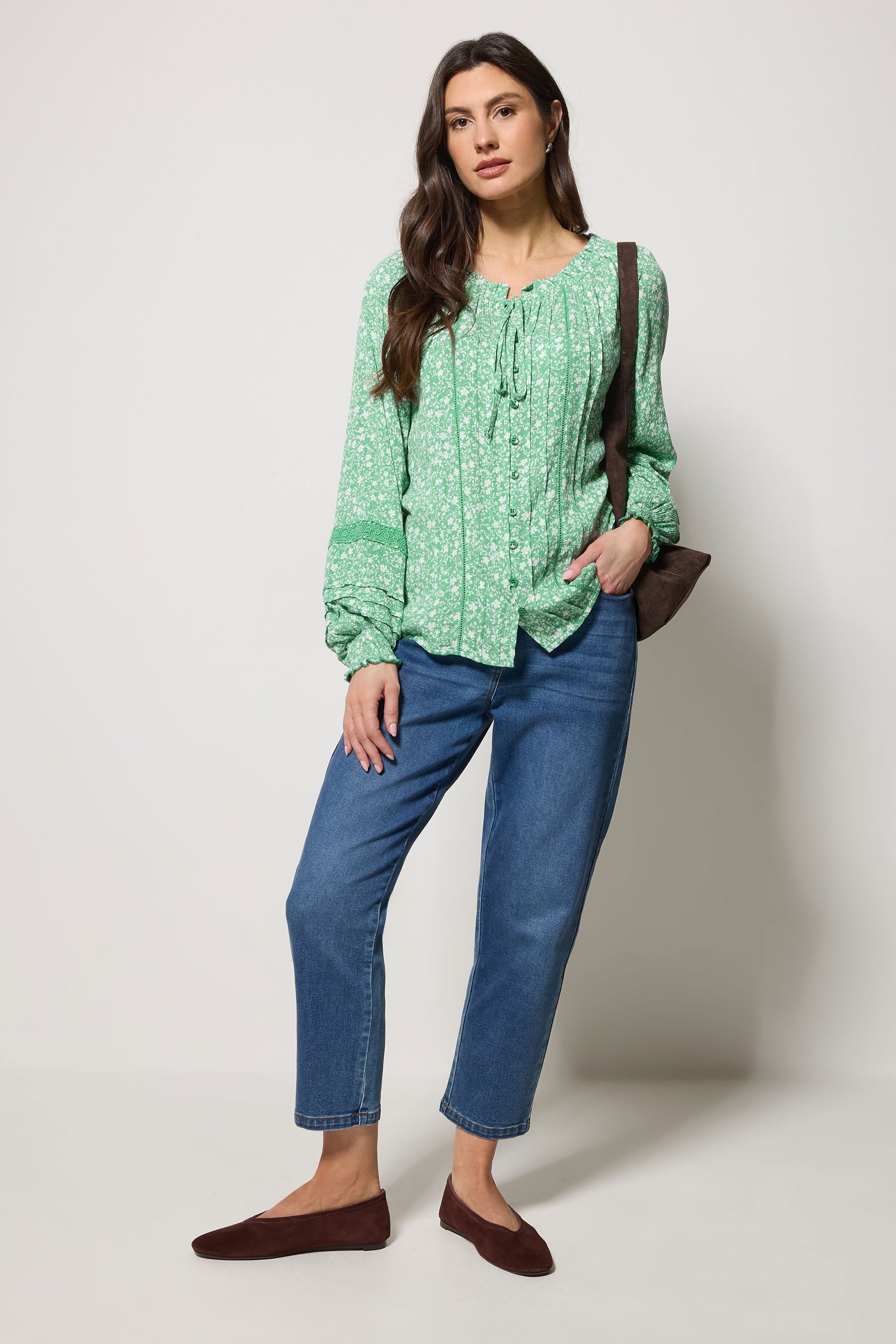 M&Co Green Floral Trim Detail Tie Neck Blouse | M&Co 2