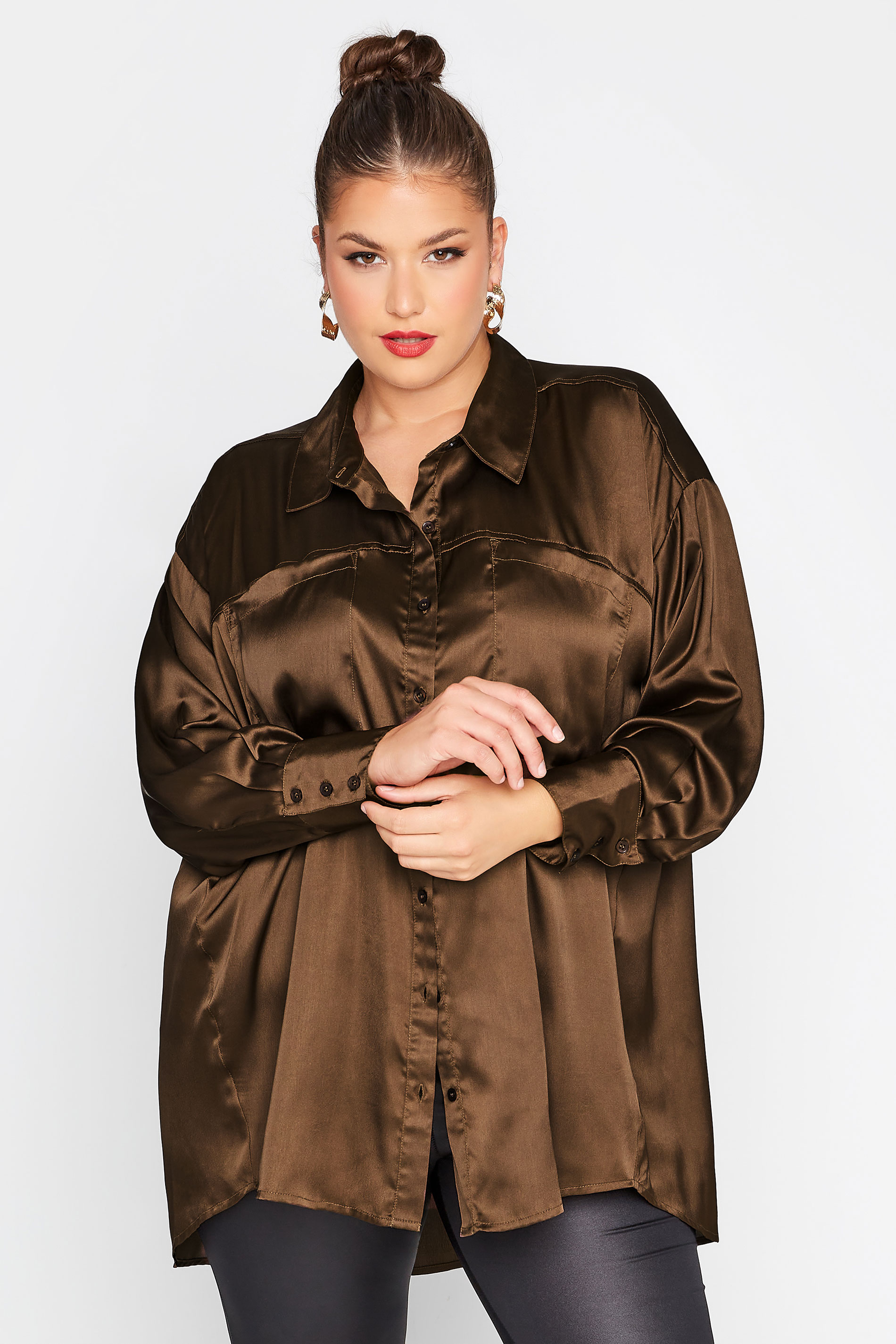 LIMITED COLLECTION Plus Size Chocolate Brown Satin Shirt | Yours Clothing  1