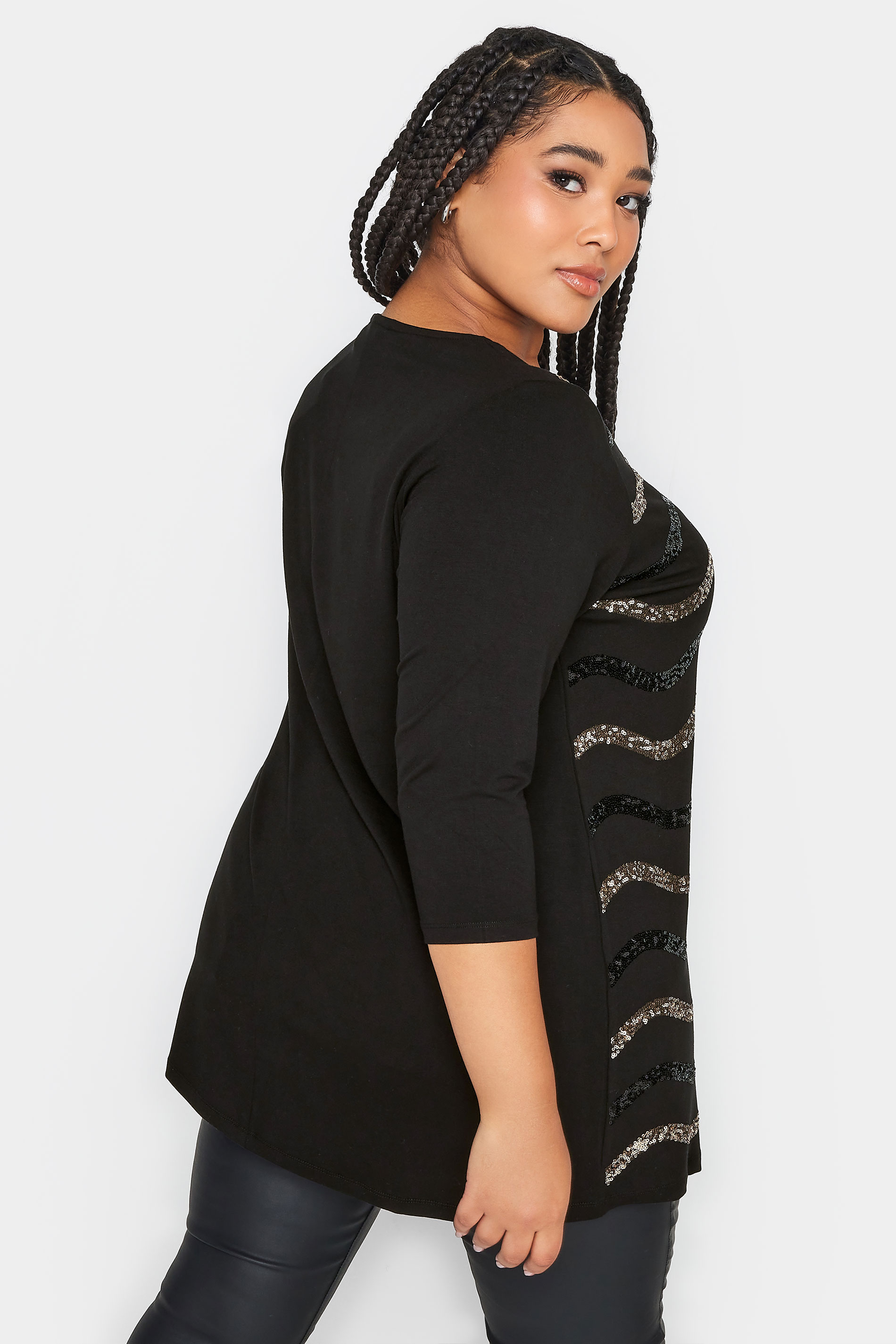 YOURS Plus Size Black & Gold Sequin Embellished Stripe Top | Yours Clothing 3