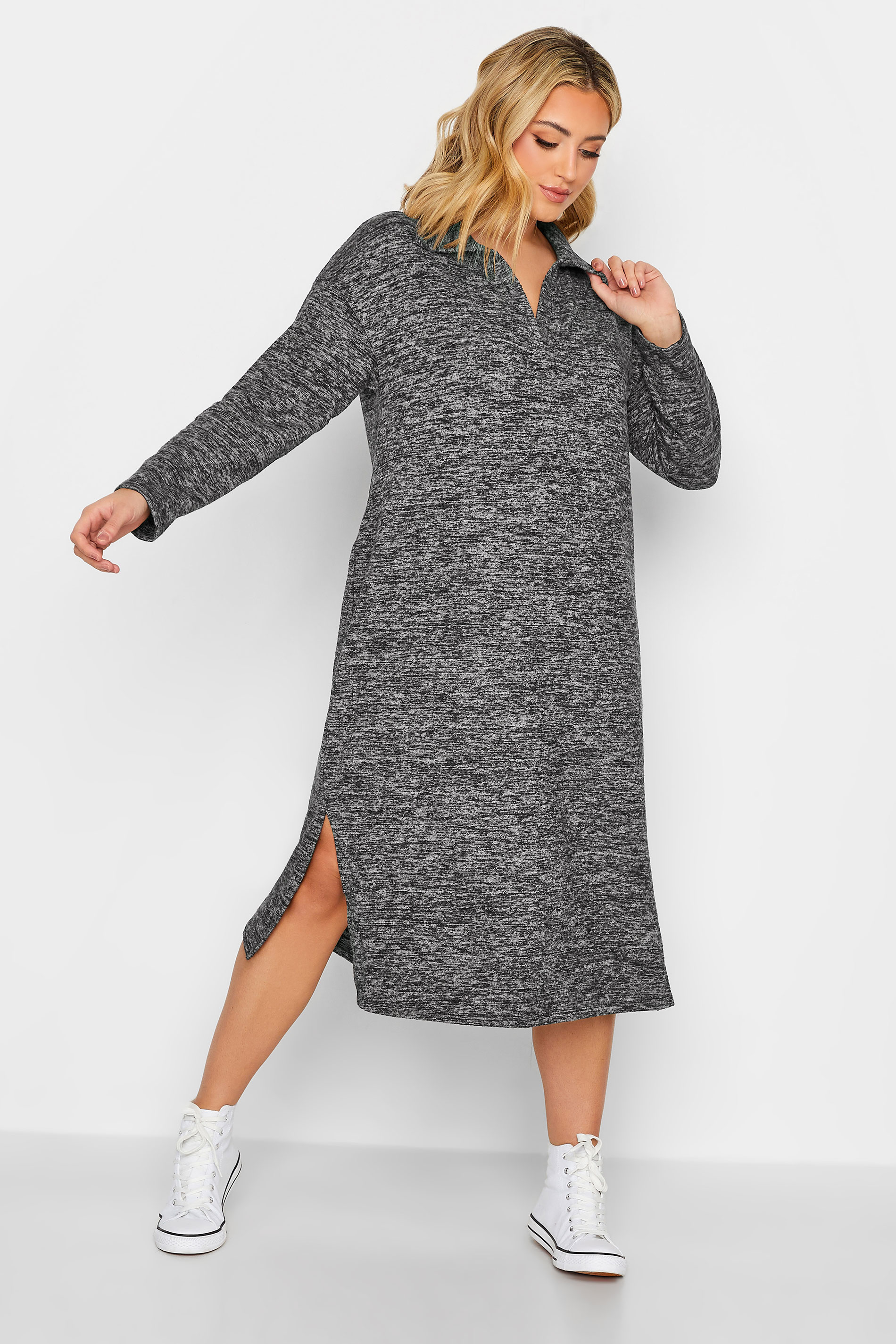 Plus Size Grey Textured Soft Touch Open Collar Midi Dress | Yours Clothing