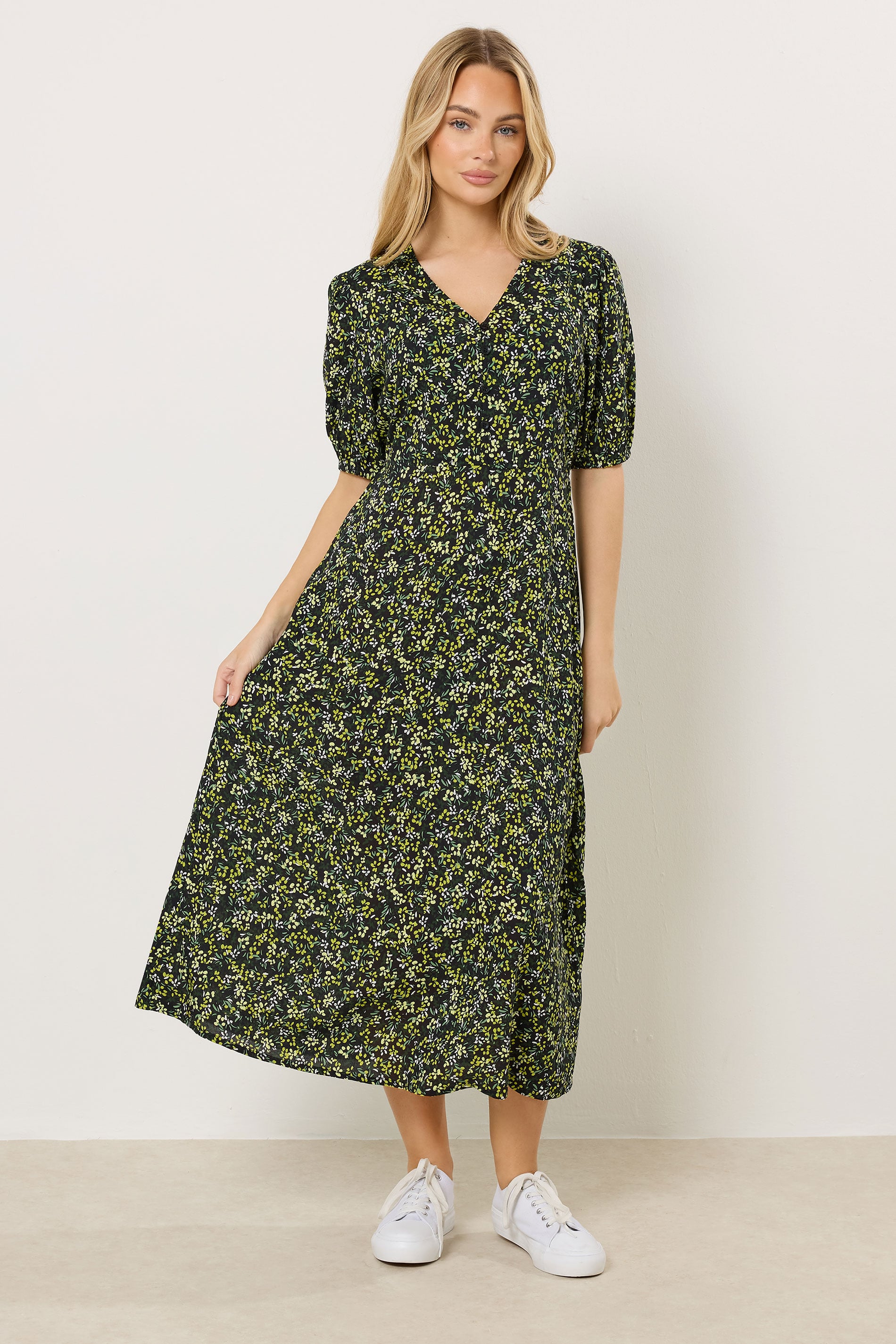 M&Co Green Ditsy Floral Puff Sleeve Midi Dress | M&Co 2