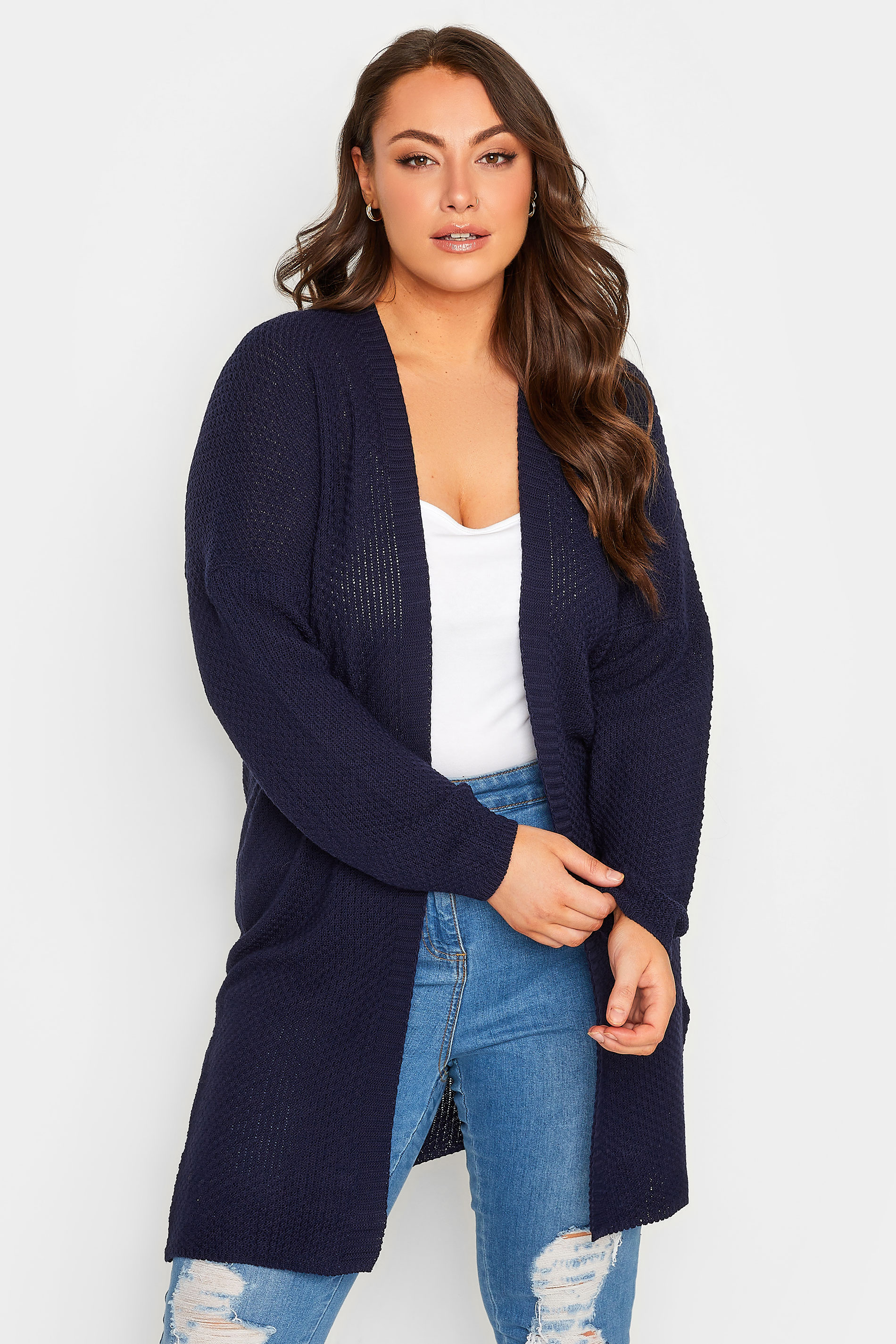 YOURS Curve Plus Size Navy Blue Pointelle Long Sleeve Cardigan | Yours Clothing  1