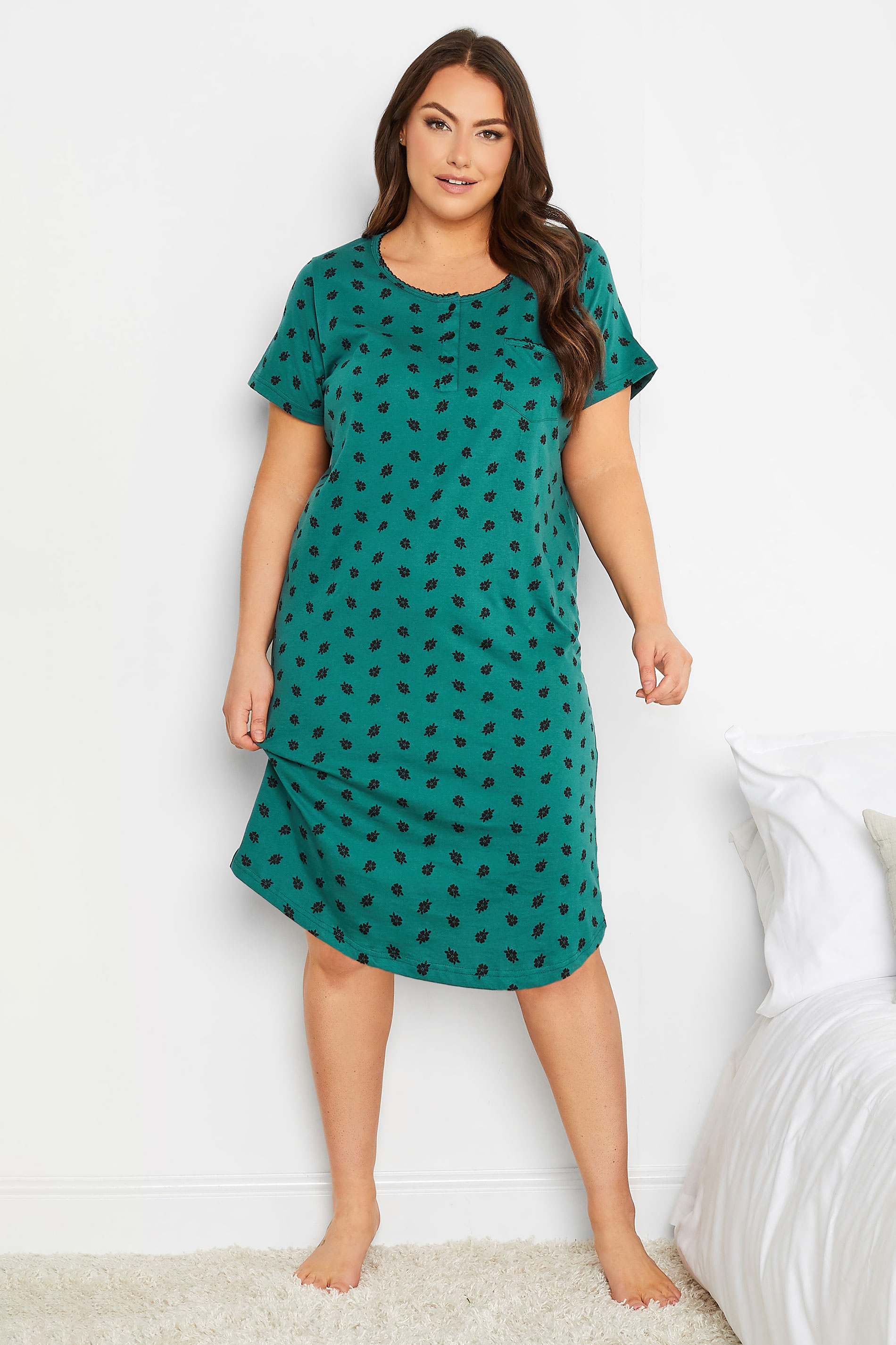 YOURS Plus Size Green Ditsy Print Placket Nightdress | Yours Clothing 1