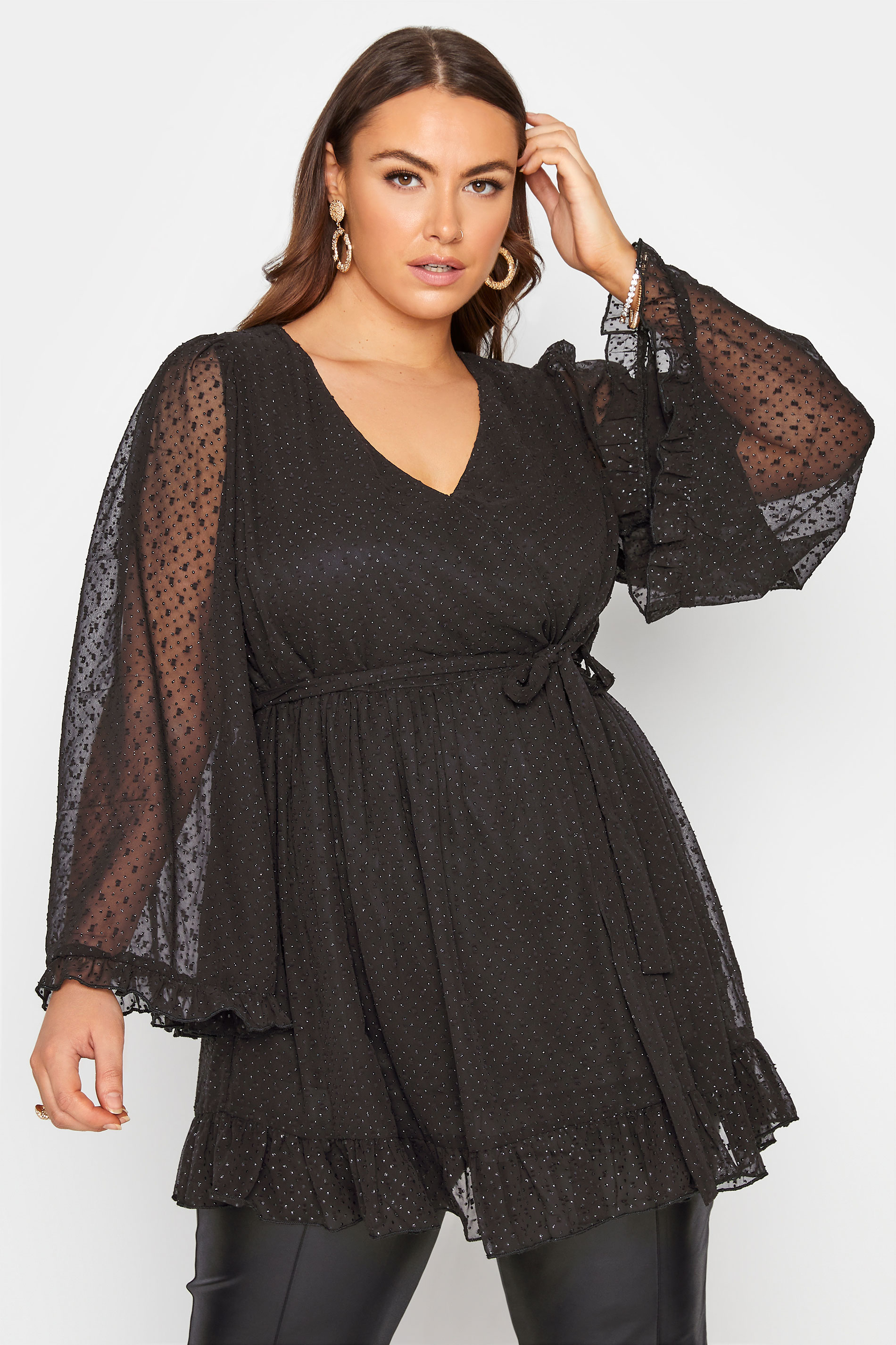 YOURS LONDON Black Dobby Embellished Wrap Top_A.jpg