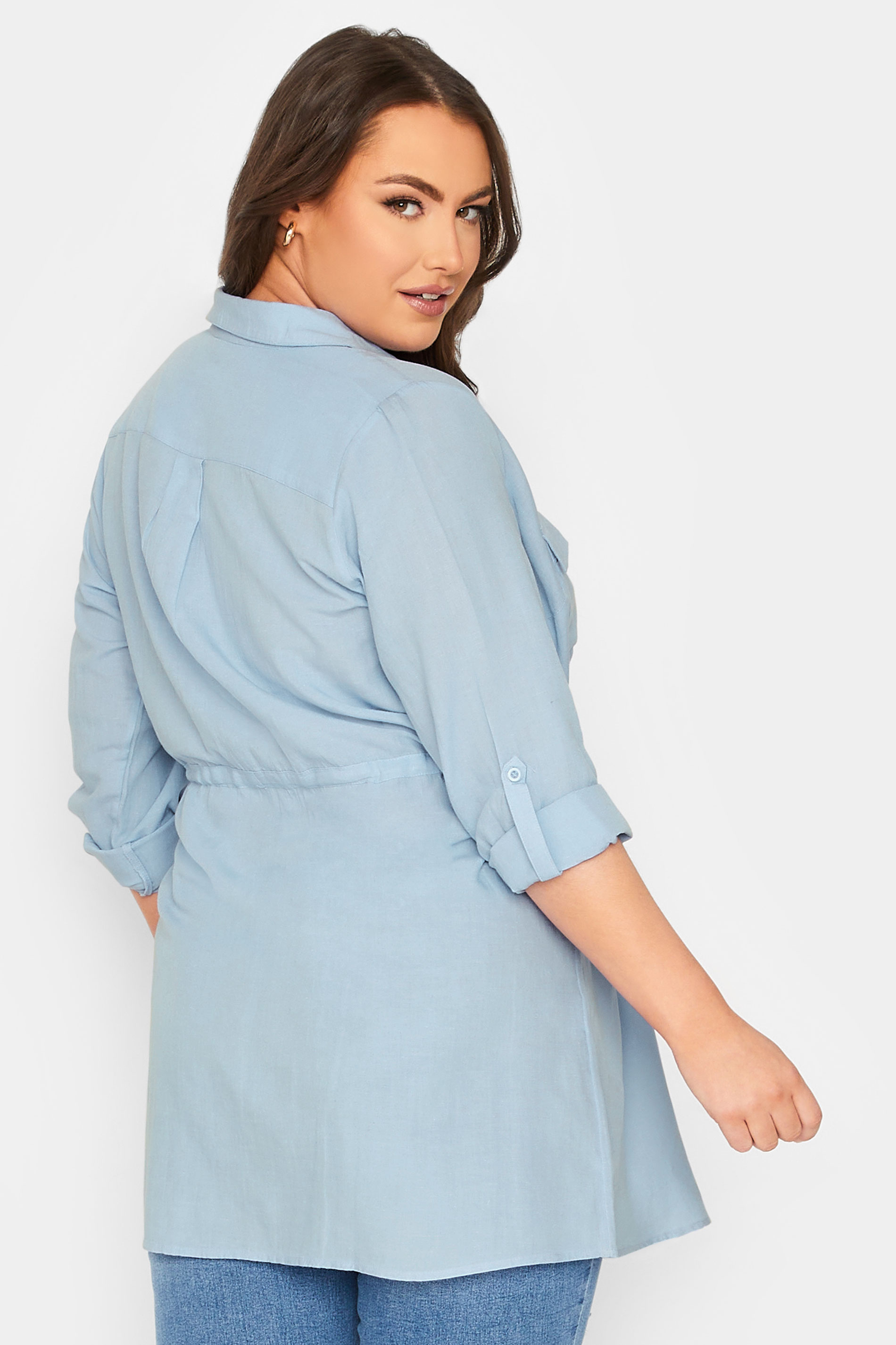 YOURS Plus Size Curve Light Blue Utility Tunic Linen Look Shirt | Yours Clothing  3