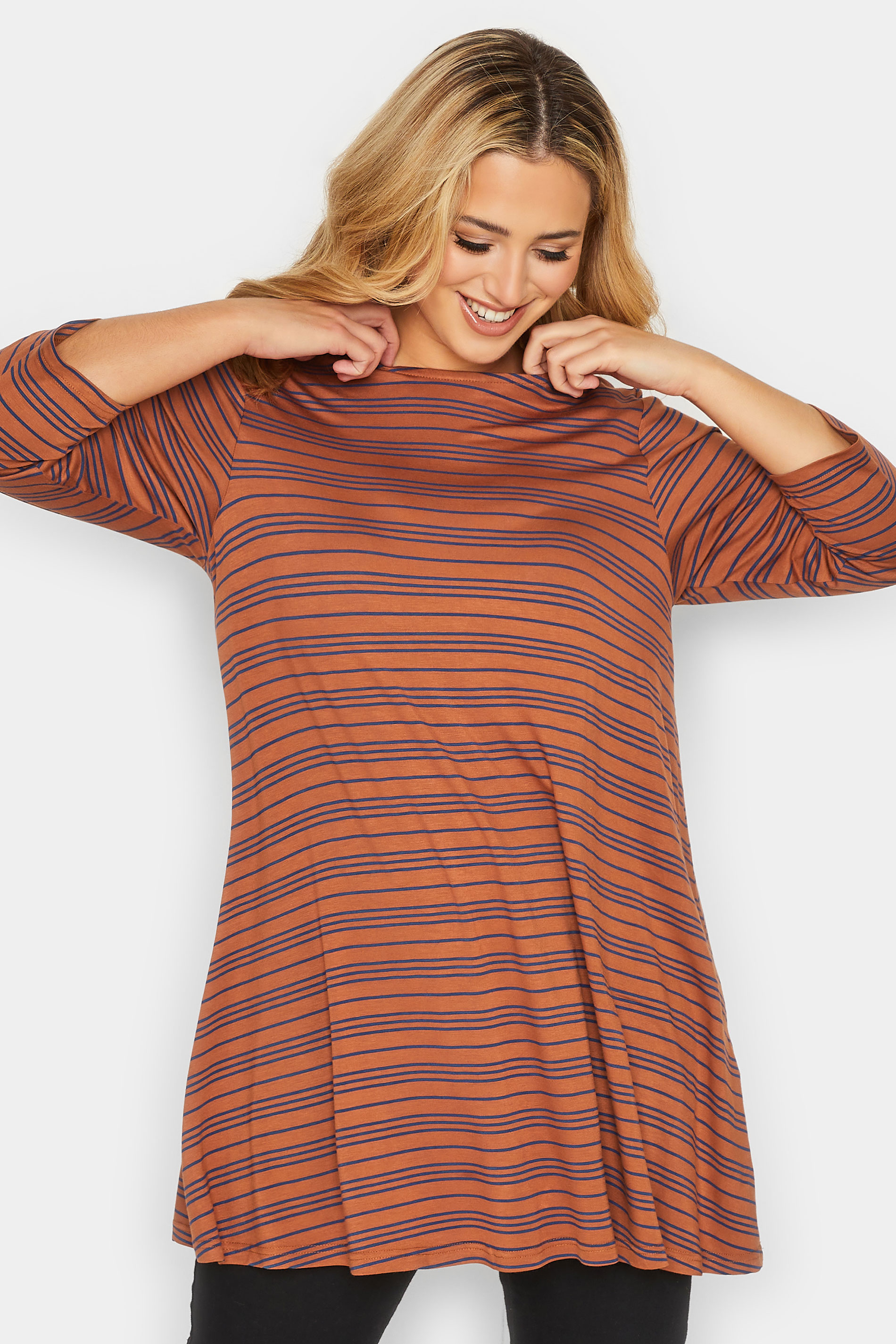 Plus Size Orange Stripe Longline T-Shirt | Yours Clothing 1