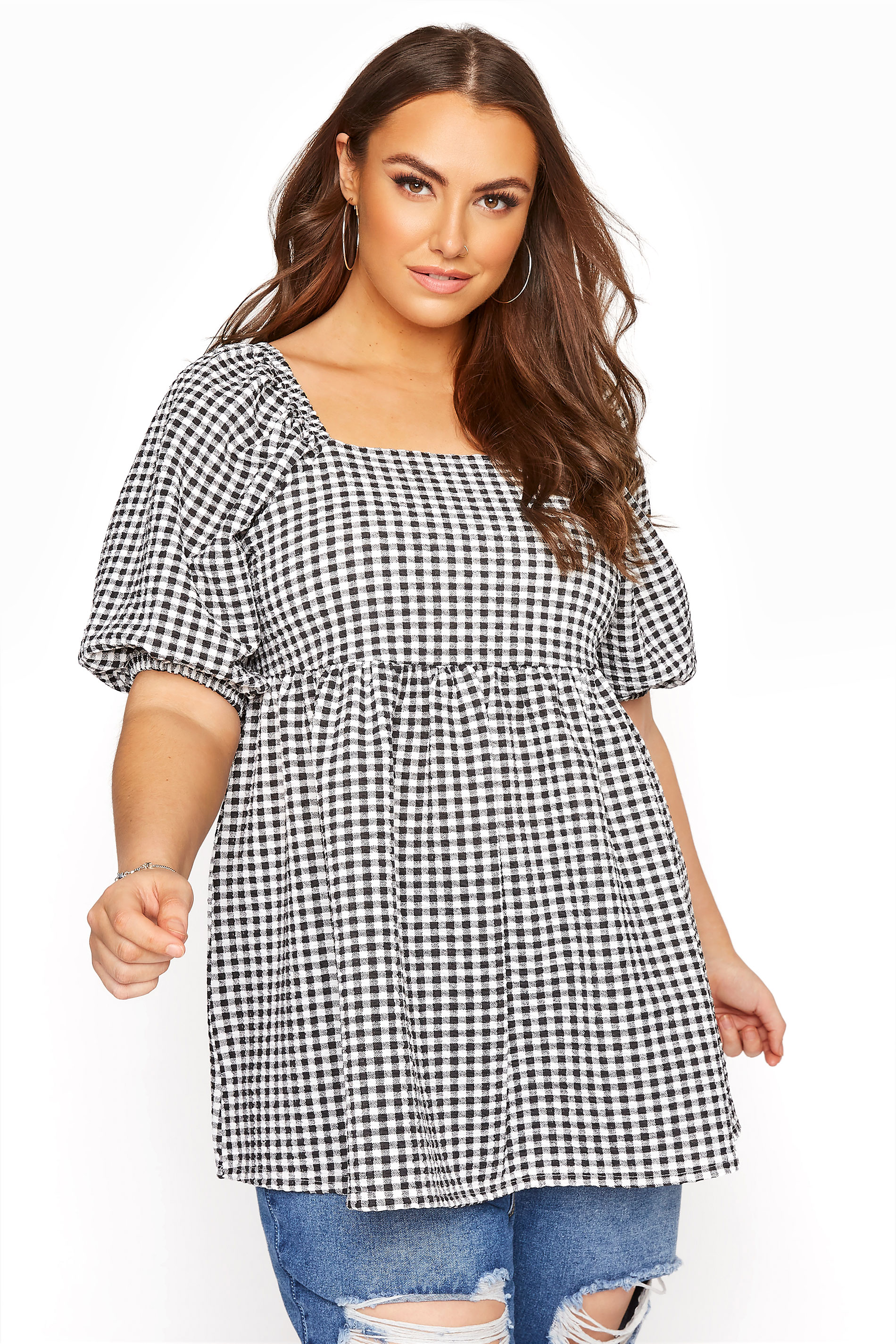 Grande taille  Tops Grande taille  Tops Casual | LIMITED COLLECTION - Top Noir & Blanc à Carreaux Manches Bouffantes - HS79587