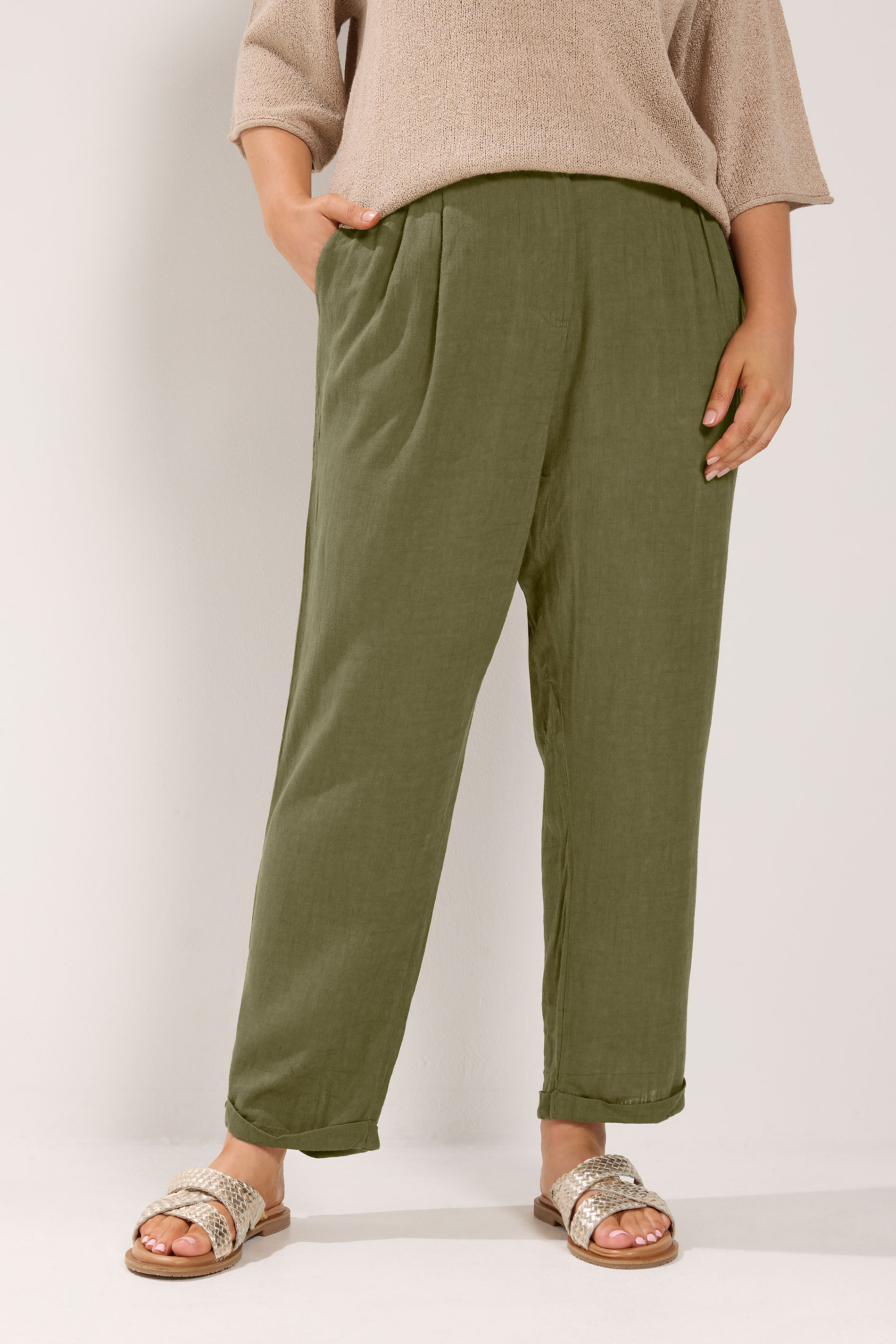 YOURS Plus Size Khaki Green Formal Linen Trousers | Yours Clothing 3