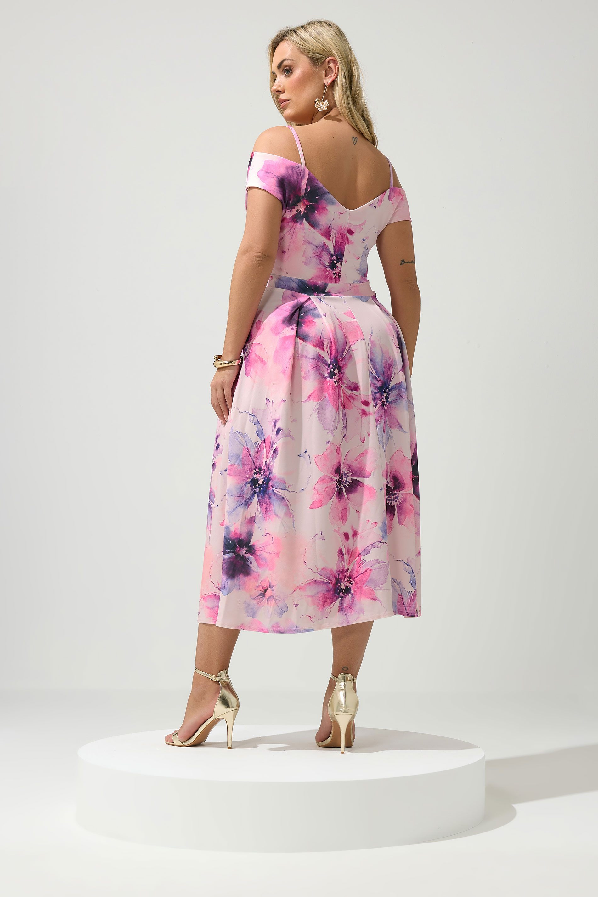 YOURS LONDON Plus Size Pink Bardot Floral Skater Dress | Yours Clothing 2