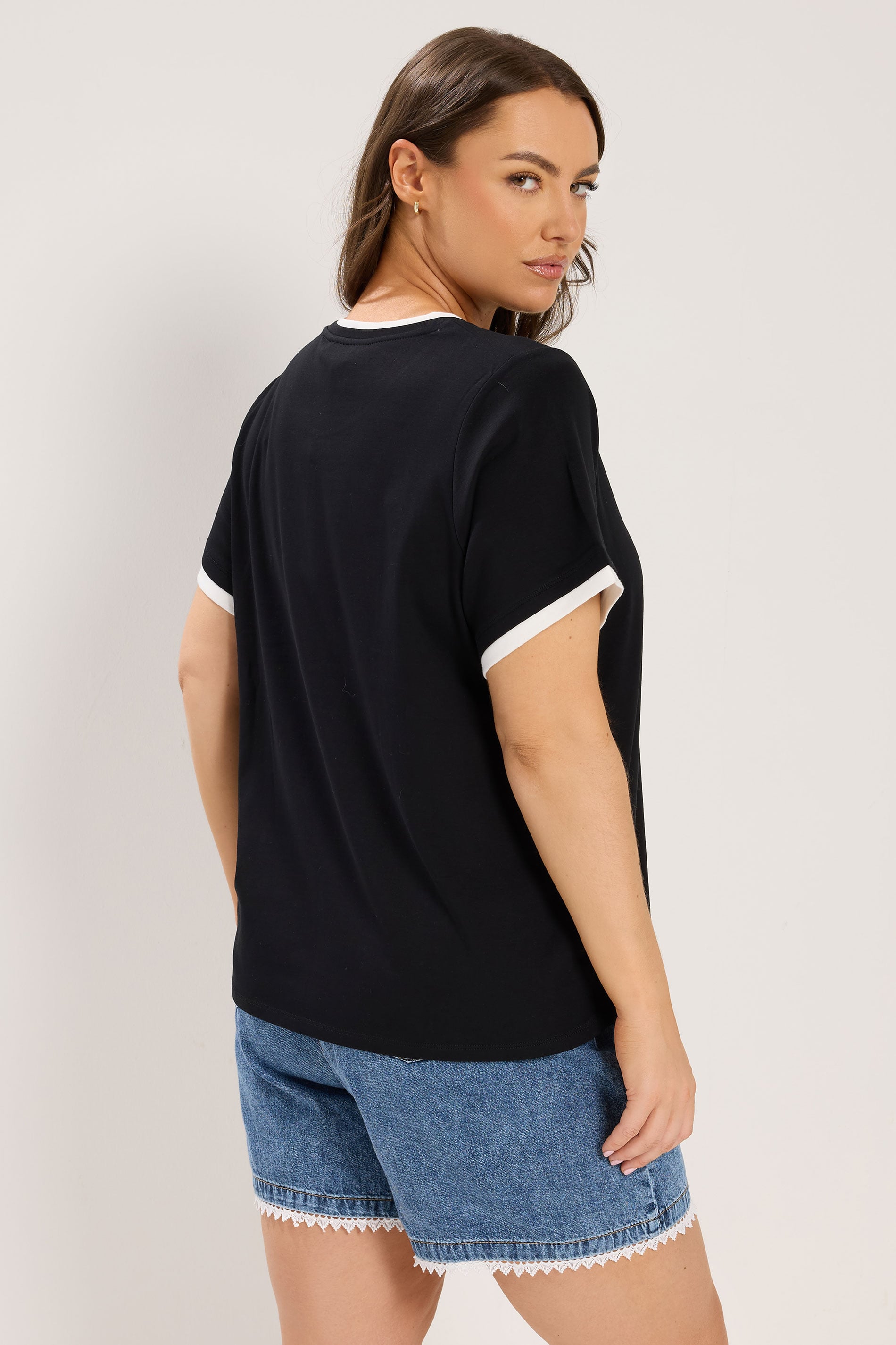 YOURS Plus Size Black Contrast Trim Ringer T-Shirt | Yours Clothing 2