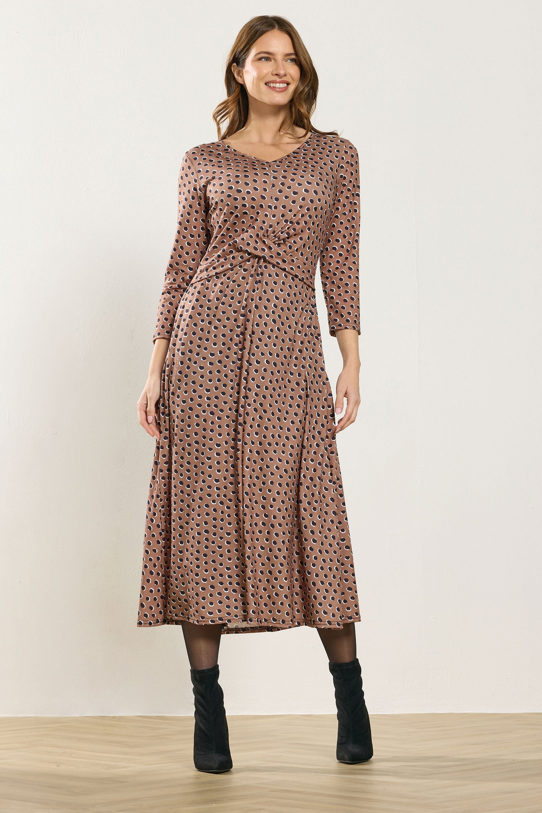 M&Co Mocha Brown Spot Twist Front Dress | M&Co 3