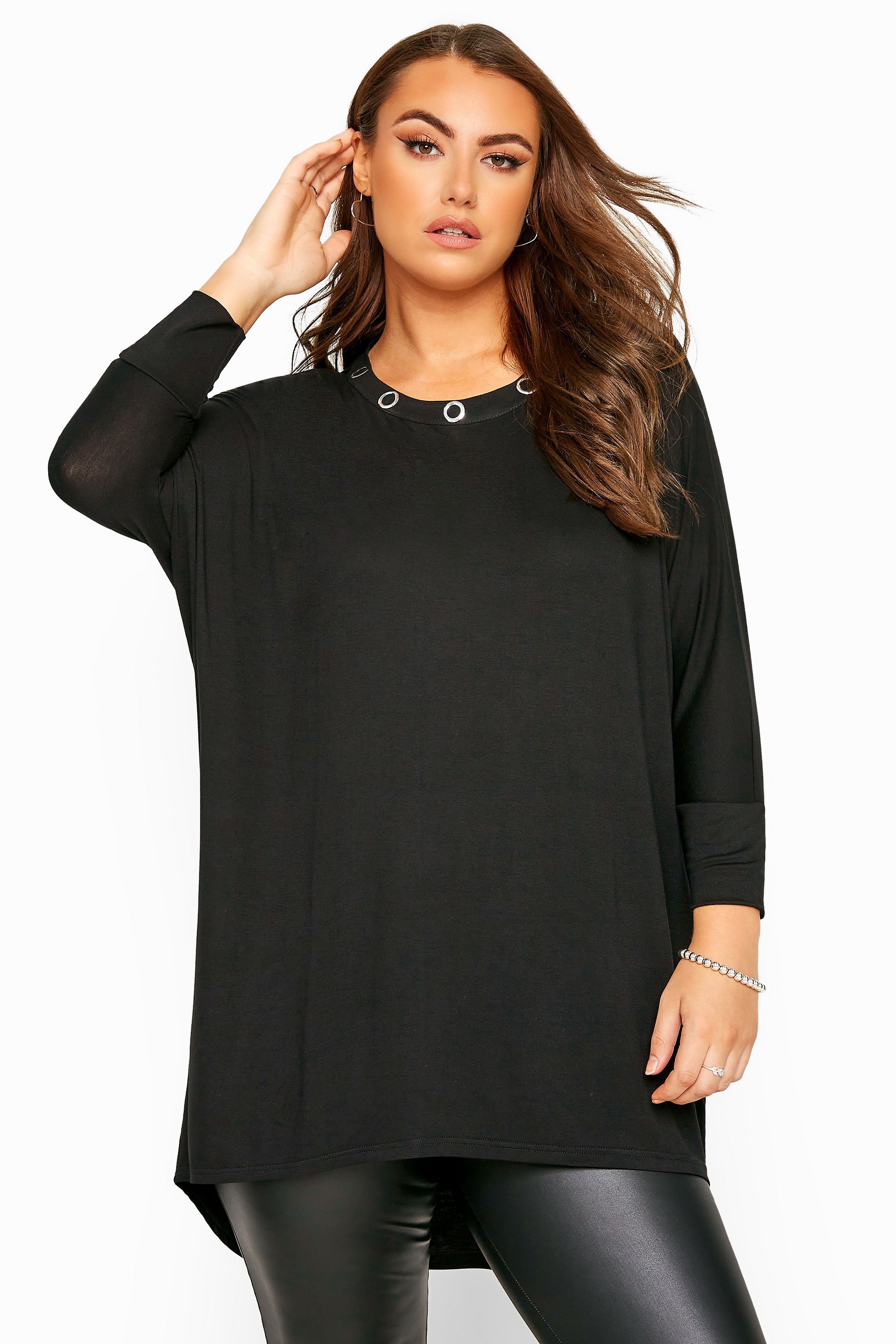 Black Eyelet Extreme Dipped Hem Top | Yours Clothing