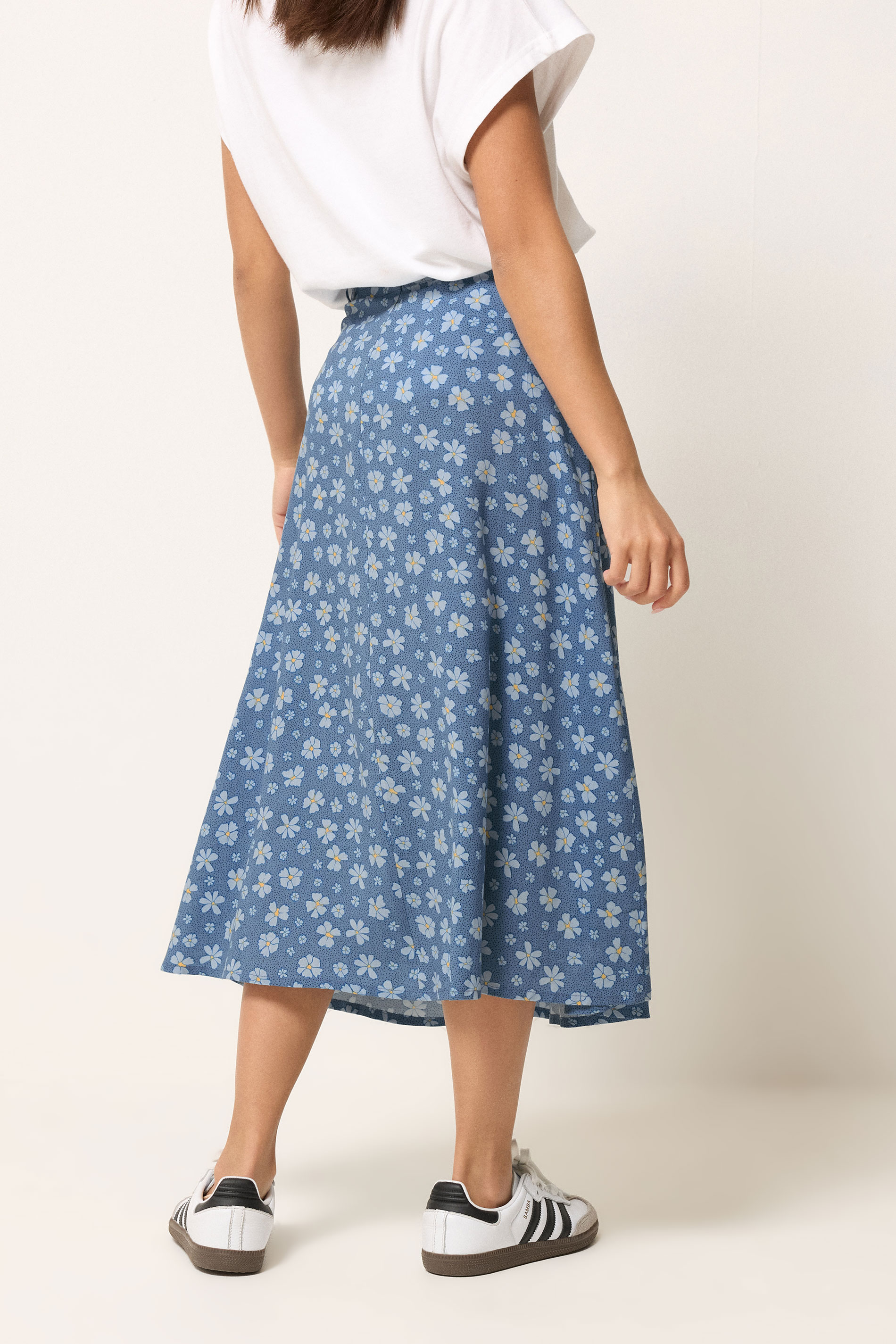 PixieGirl Petite Women's Blue Daisy Belted Midi Skirt | PixieGirl 2