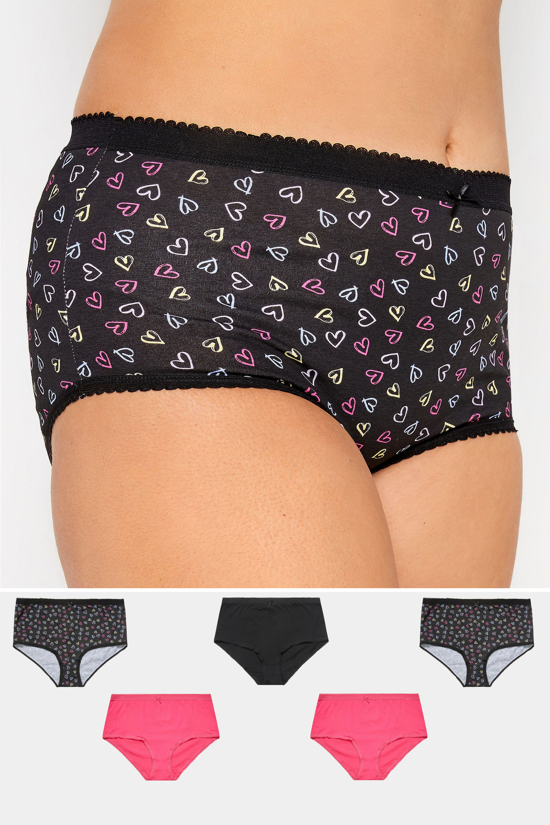 Plus Size 5 PACK Black & Pink Heart Print High Waisted Full Briefs | Yours Clothing 1