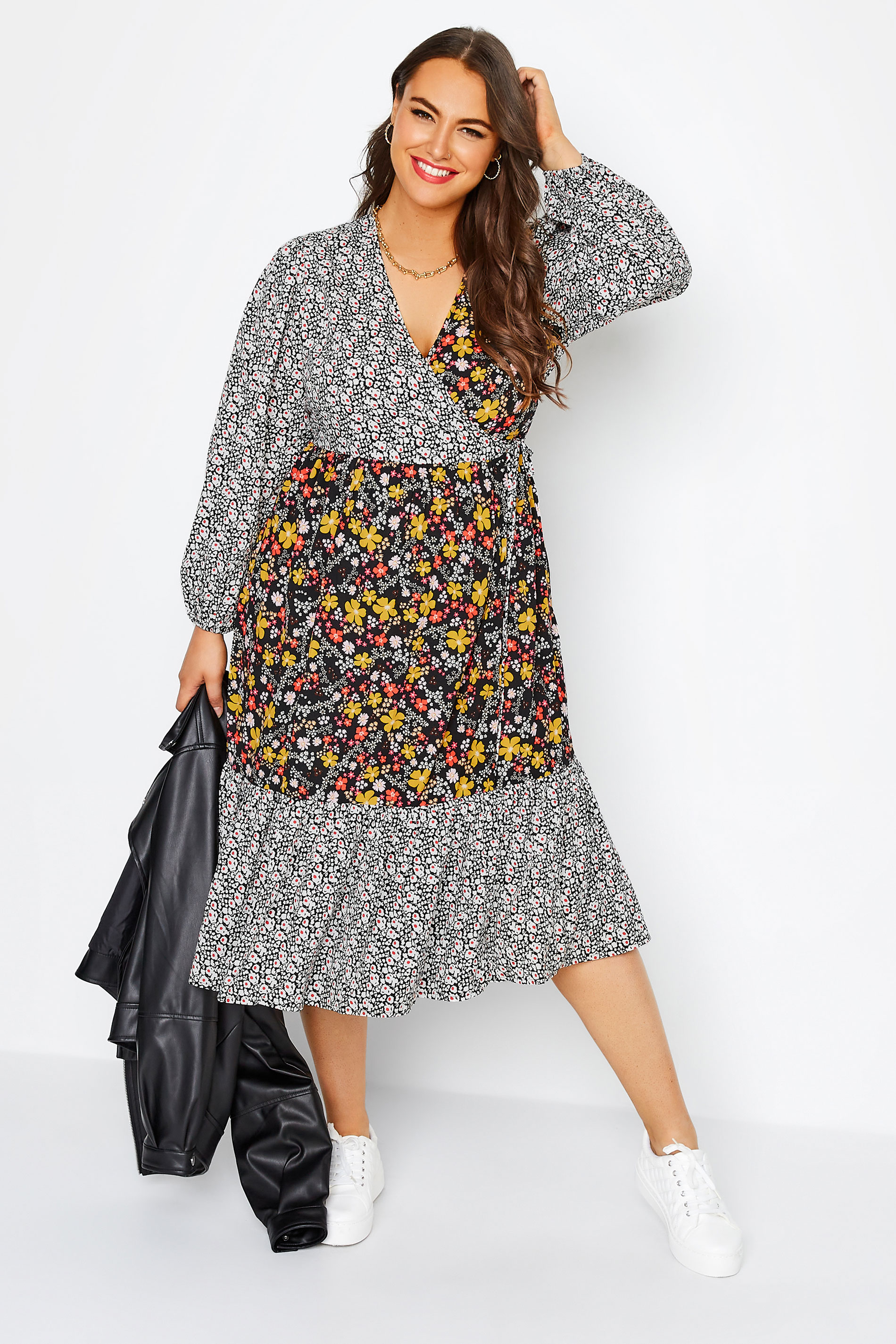 LIMITED COLLECTION Plus Size Black Contrast Dalmatian Floral Wrap Dress | Yours Clothing 2