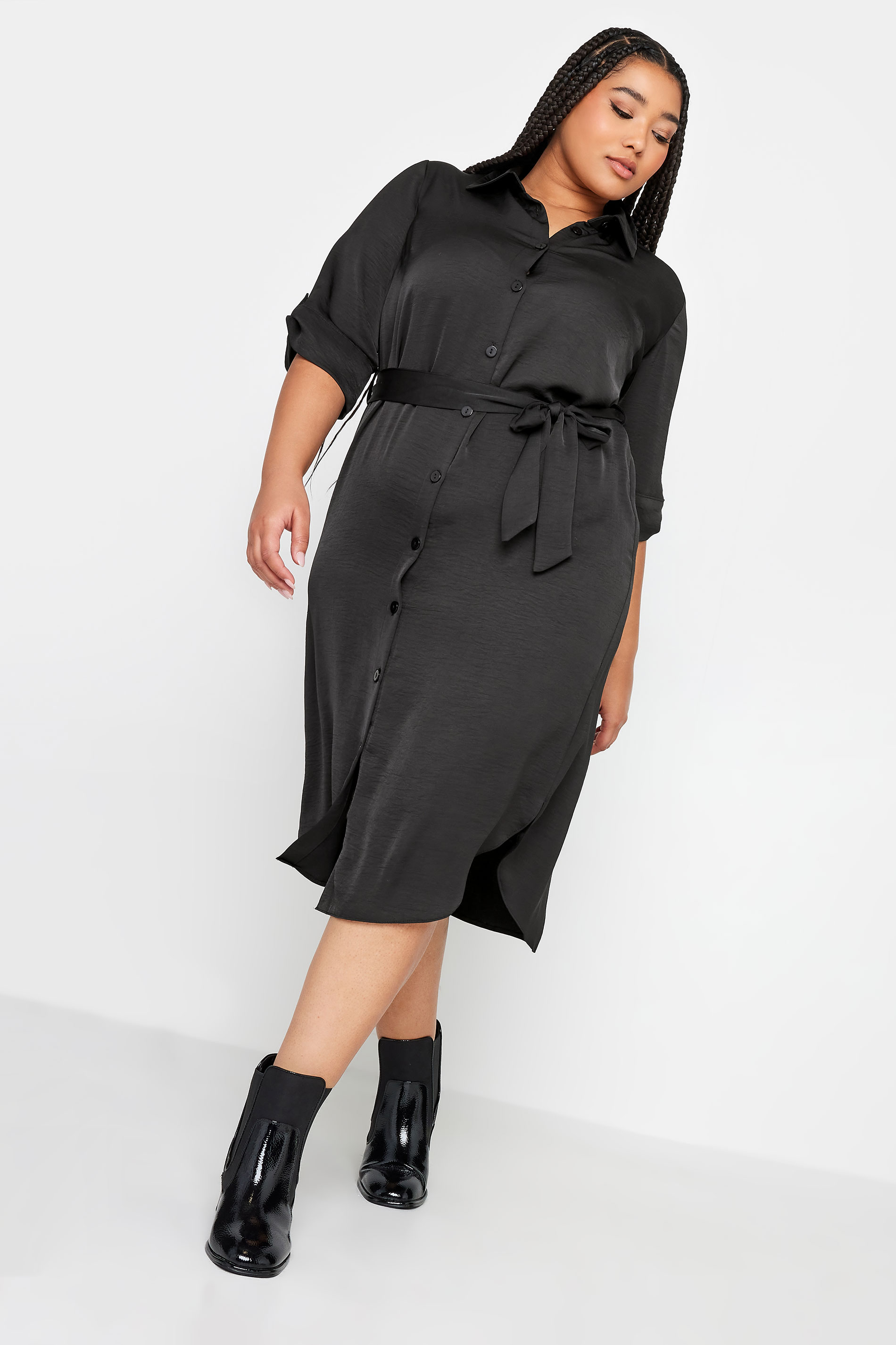 YOURS Plus Size Black Midi Shirt Dress | Yours Clothing 1