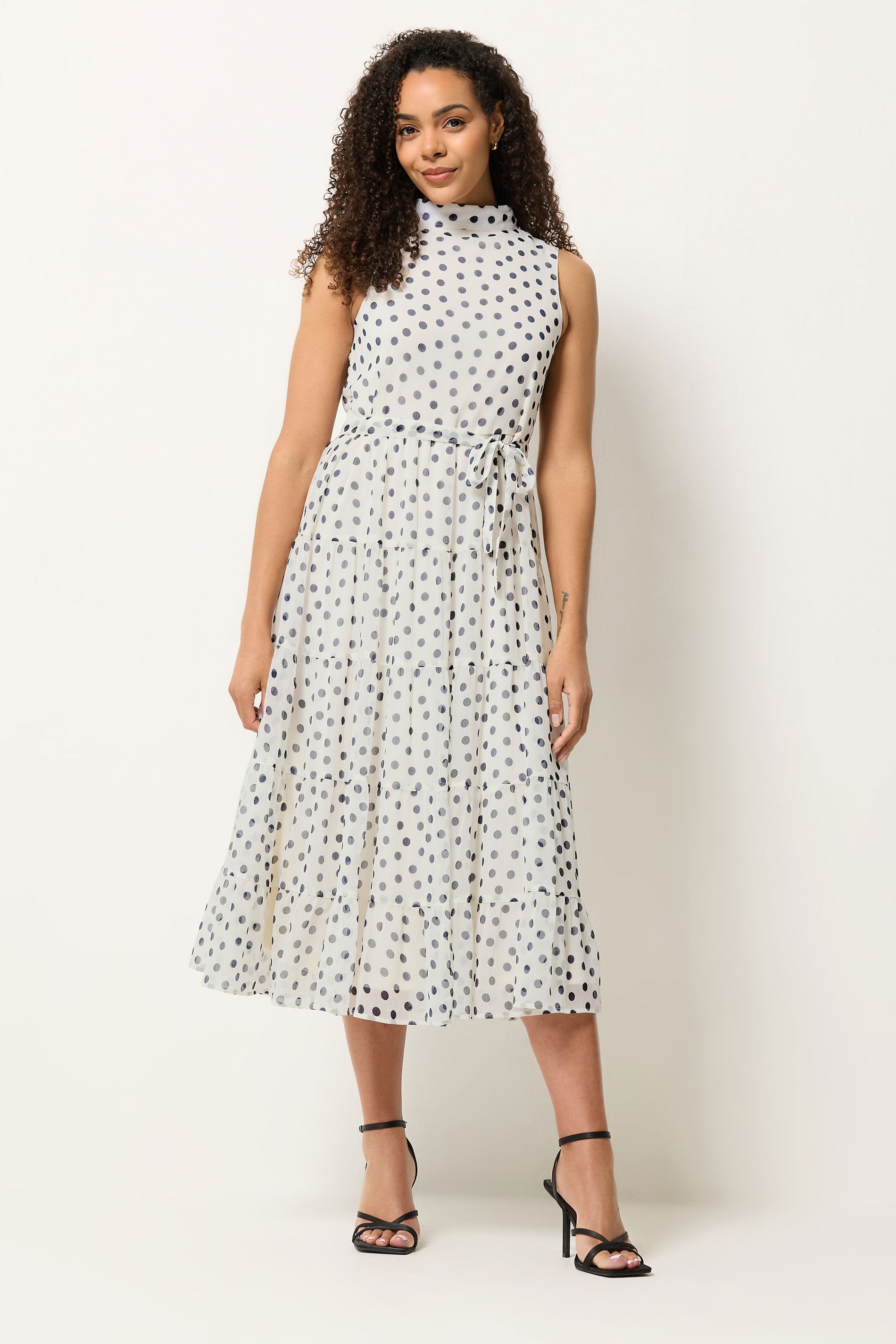 M&Co White Spot Print Tiered Chiffon Midi Dress | M&Co 1