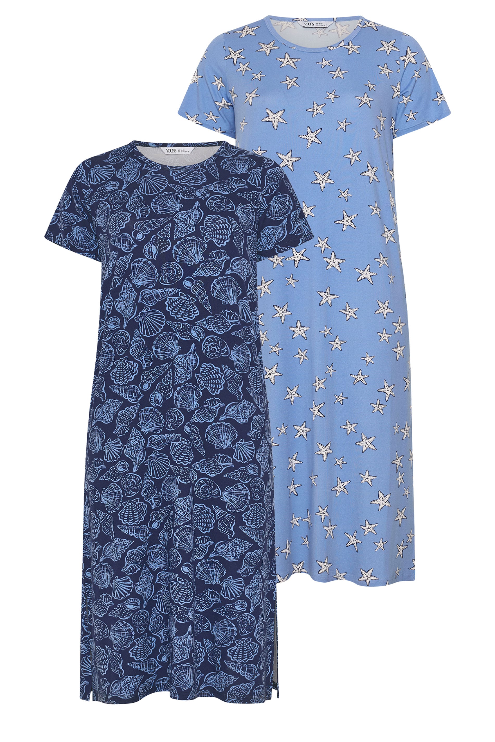 YOURSET Plus Size 2 PACK Blue Star & Shell Print Midaxi Nightdresses | Yours Clothing 7
