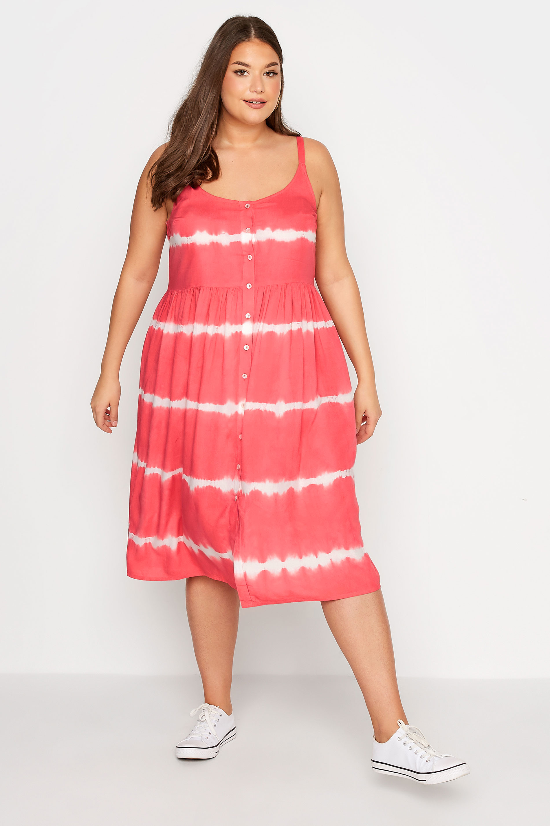 Curve Pink Tie Dye Button Front Strappy Sundress 1