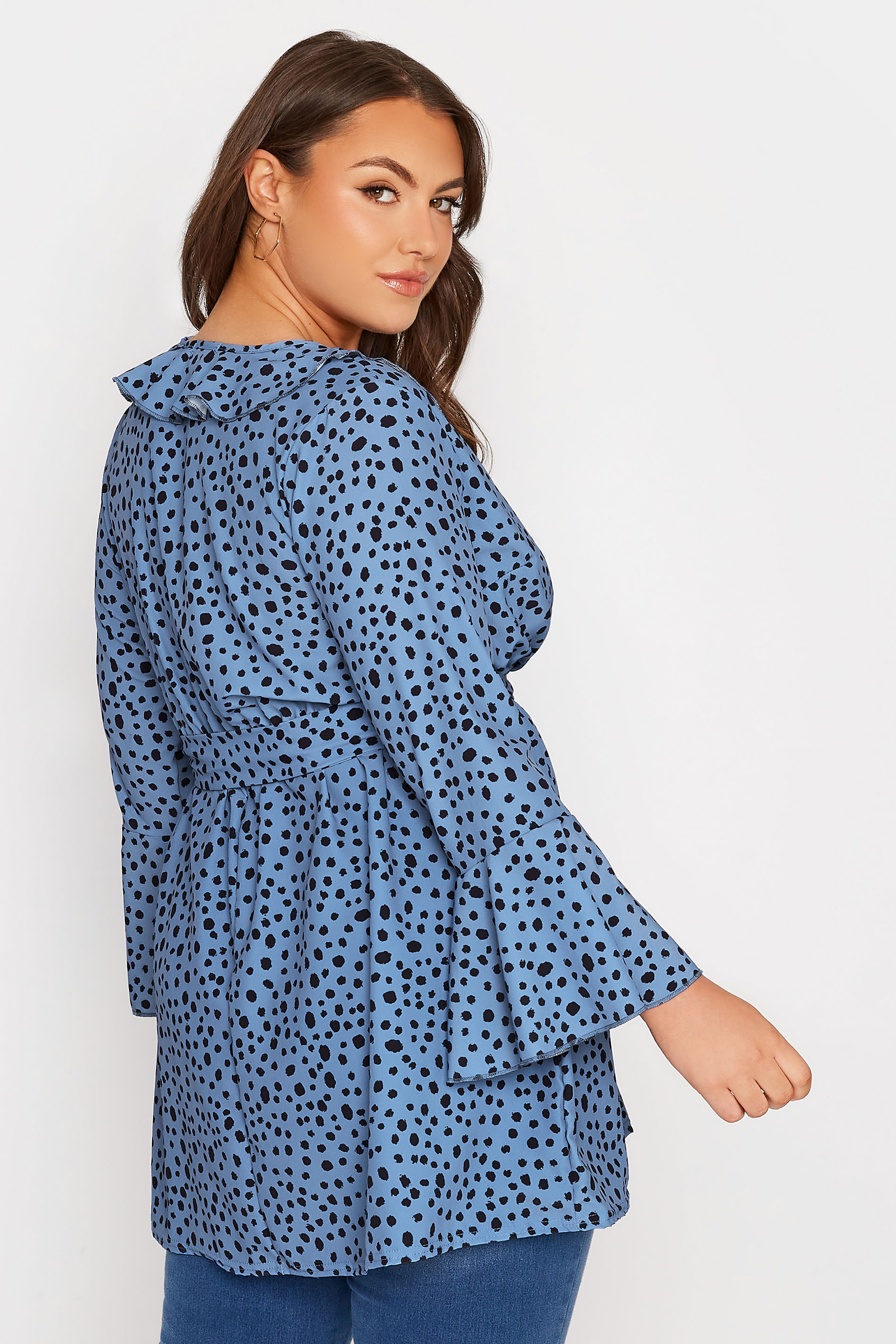 YOURS LONDON Plus Size Blue Dalmatian Ruffle Wrap Top | Yours Clothing 3