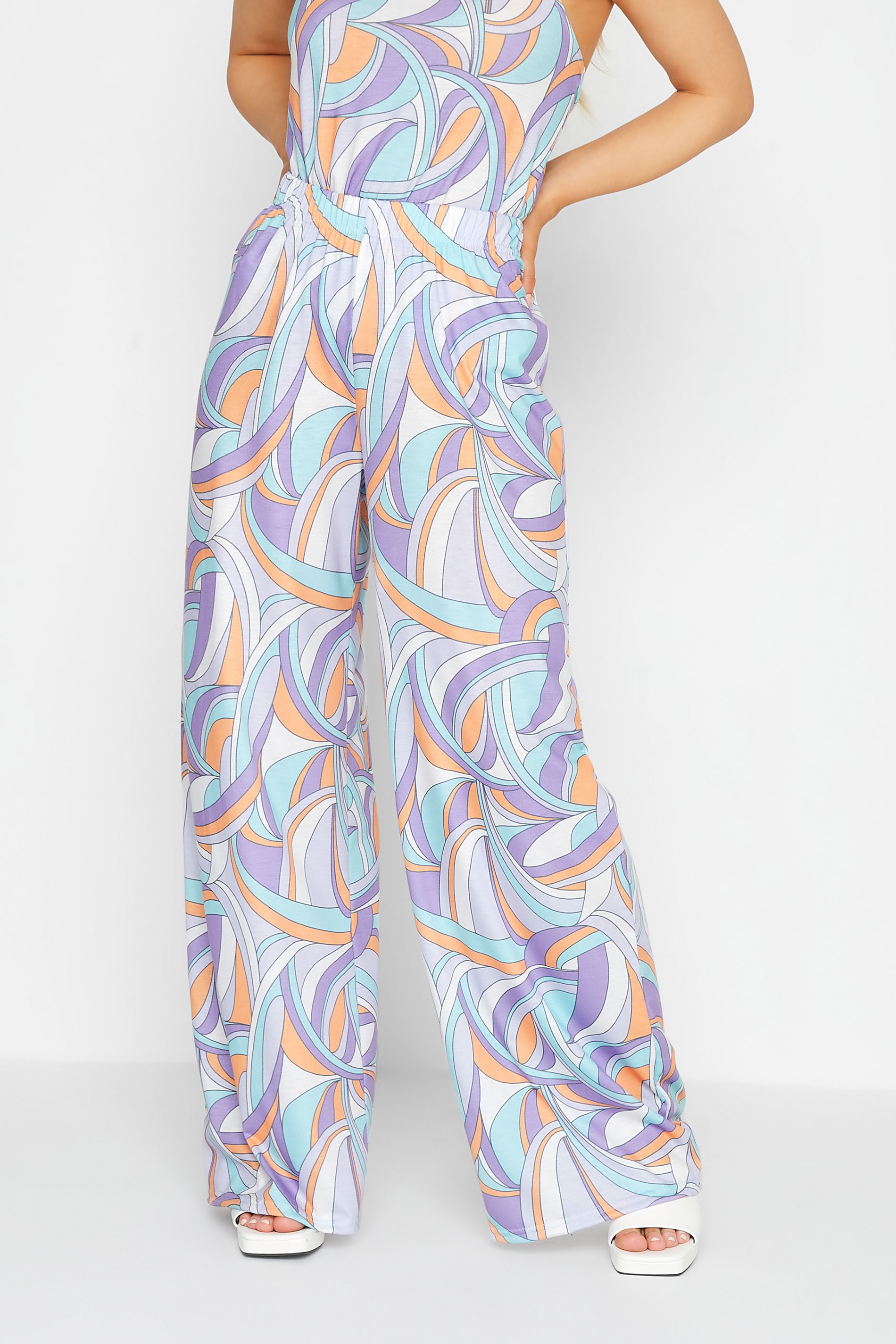 Petite Purple Swirl Print Wide Leg Trousers | PixieGirl 1