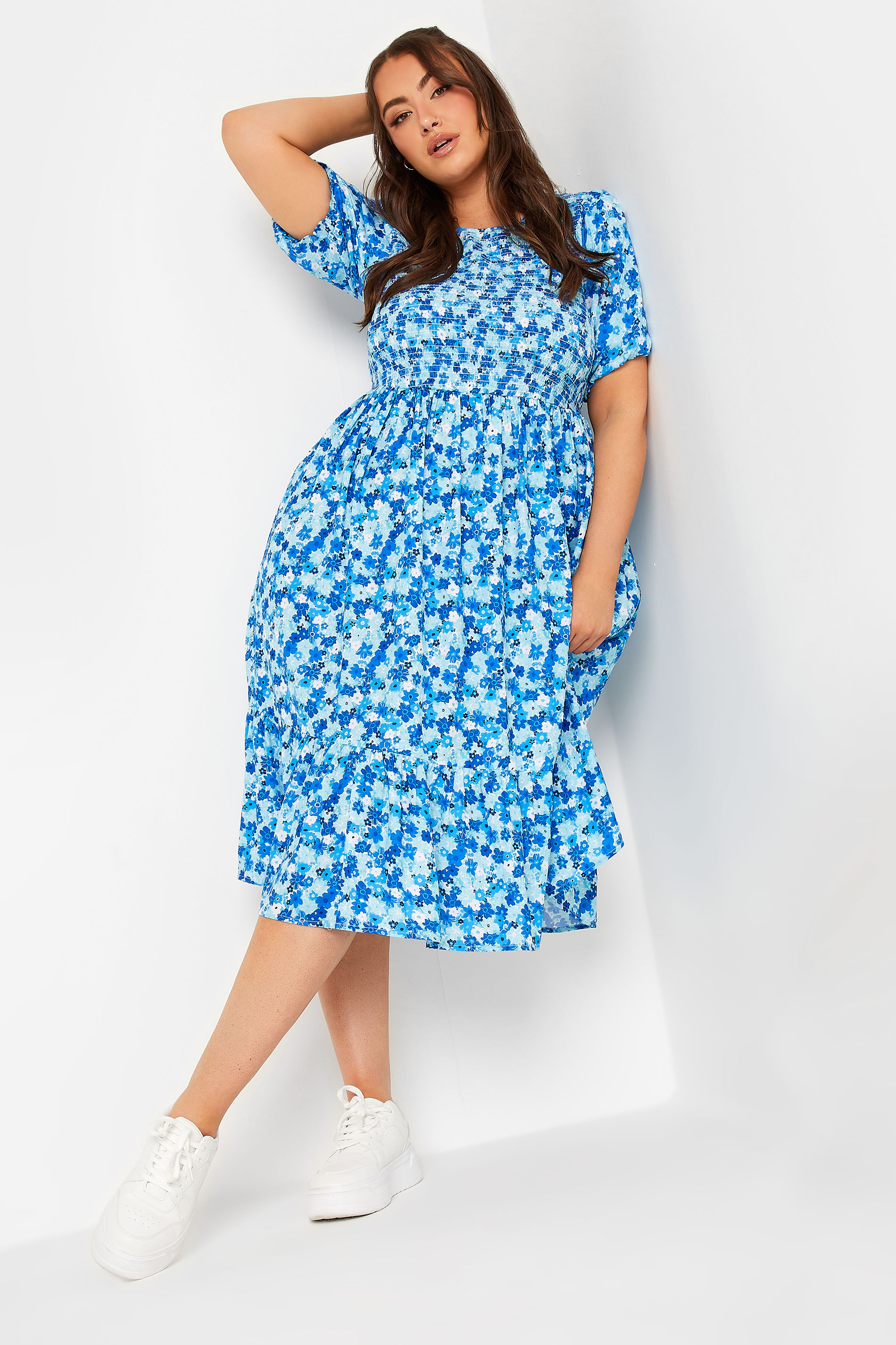 LIMITED COLLECTION Plus Size Curve Blue Ditsy Print Shirred Midaxi Dress | Yours Clothing  1