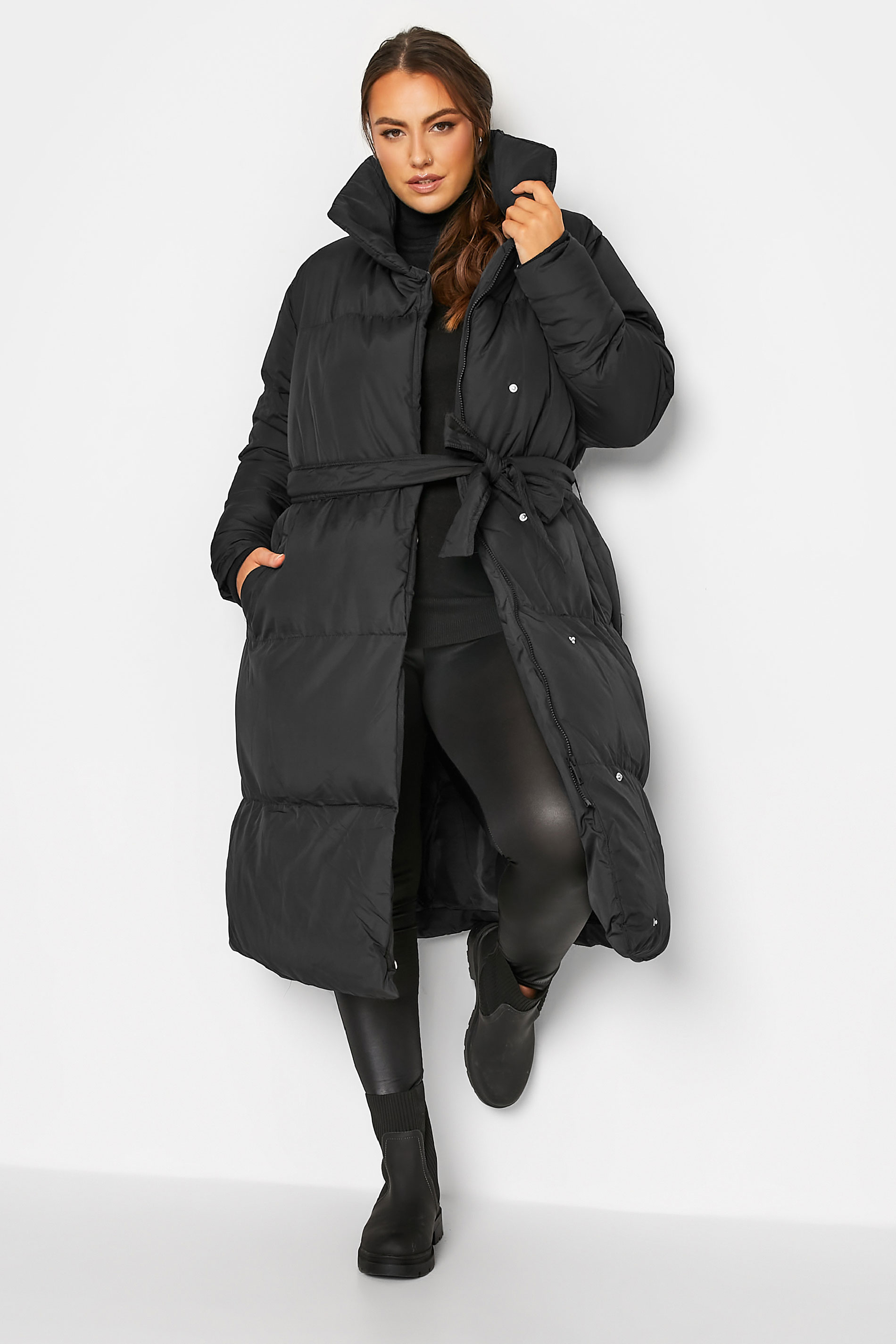 Plus Size Black Belted Wrap Puffer Coat | Yours Clothing 2