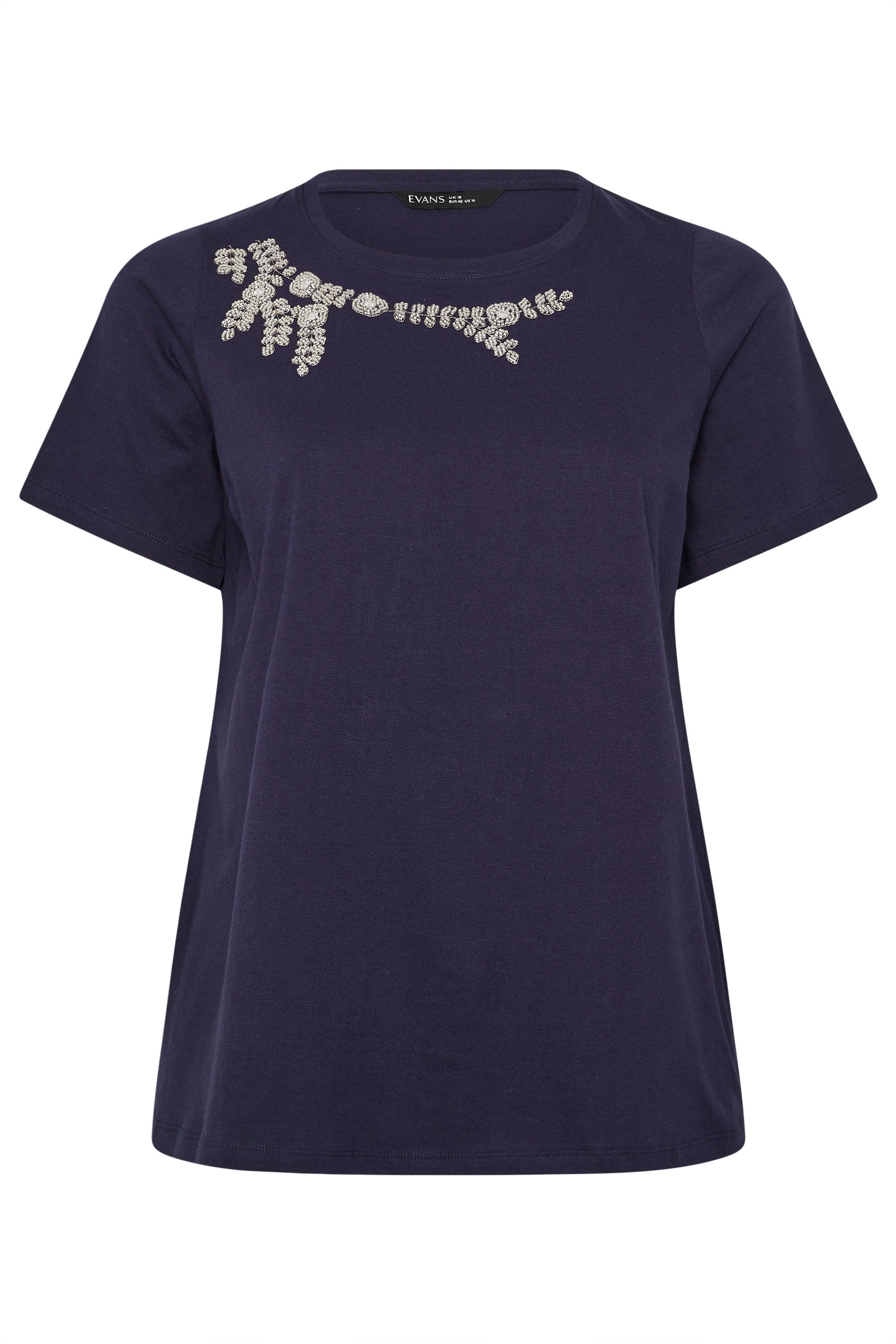 EVANS Plus Size Navy Blue Beaded Flower T-Shirt | Evans 6